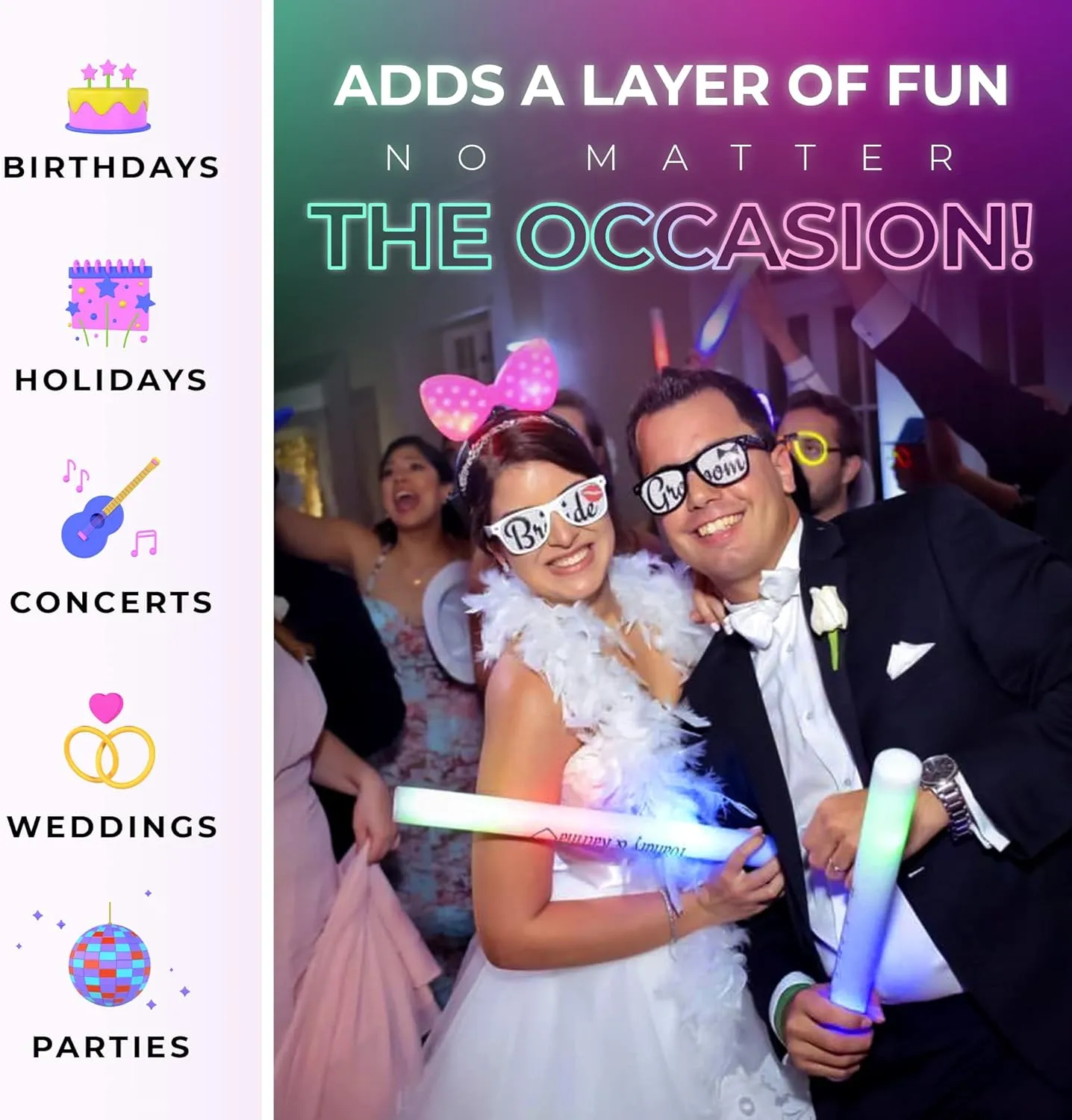 100 Pack - Multicolor LED Foam Sticks Glow Batons - 3 Modes - 18" - Great for Weddings and Parties