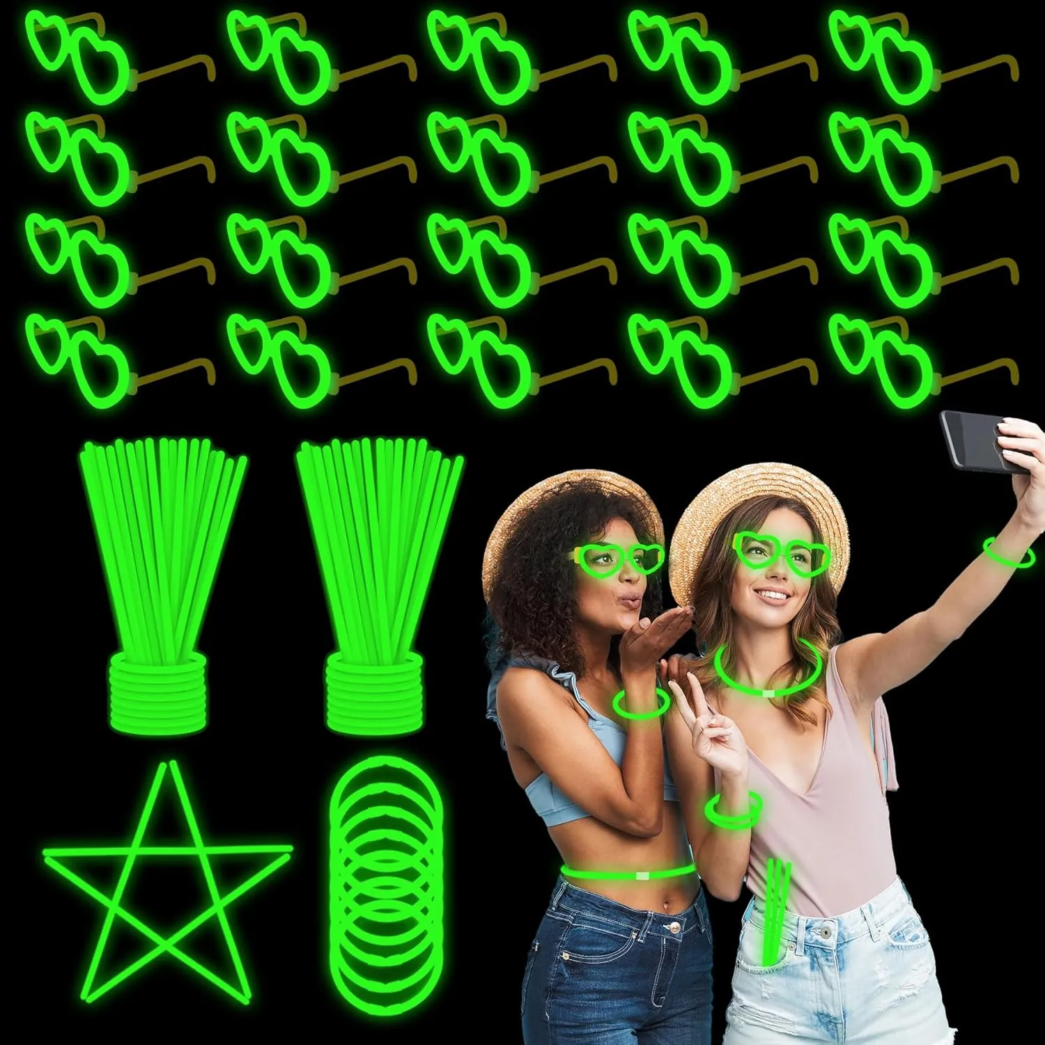 100PCS Green Glow Sticks Party Favors with 20PCS Glow Glasses(For 60 Glow Bracelets&20 Heart Glasses),Glow In The Dark Party Supplies Neon Party Decor for Halloween Chirtsmas Carnival Birthday