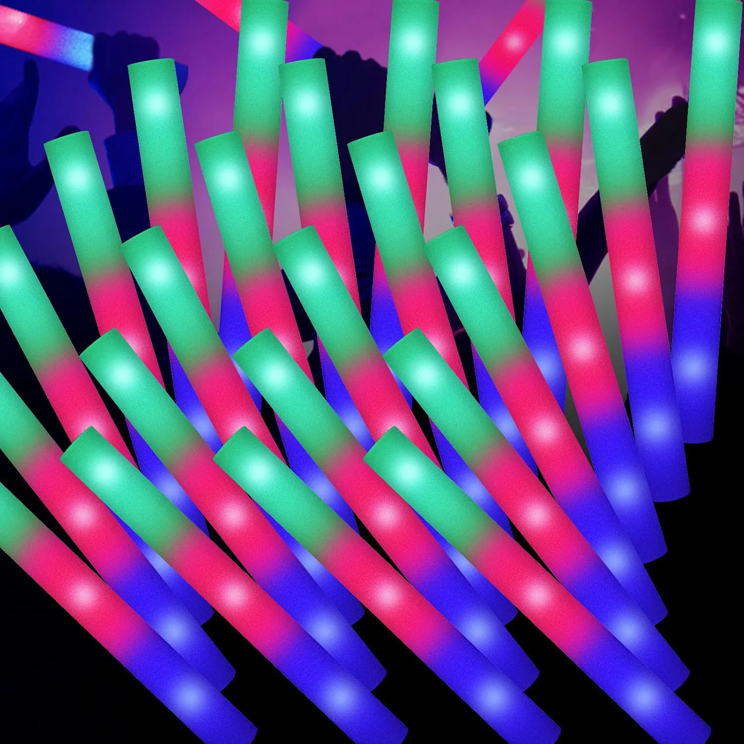 100PCS LED Foam Sticks, Foam Light Up Sticks with 3 Modes Colorful Flashing, Glow in Dark Party Supplies, Glow Stick Bulk Party Pack for Wedding, Raves, Concert, Camping, Sporting Events, Pool