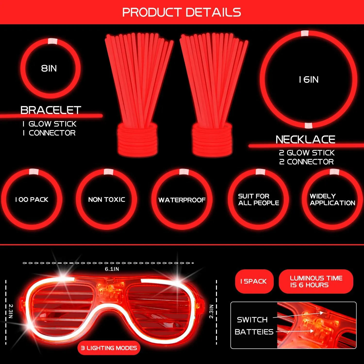 115 PCS Glow in the Dark Party Supplies,100PCS 8" Glow Sticks Bulk,15PCS Glasses,Glowing Party Favors for 4th of July