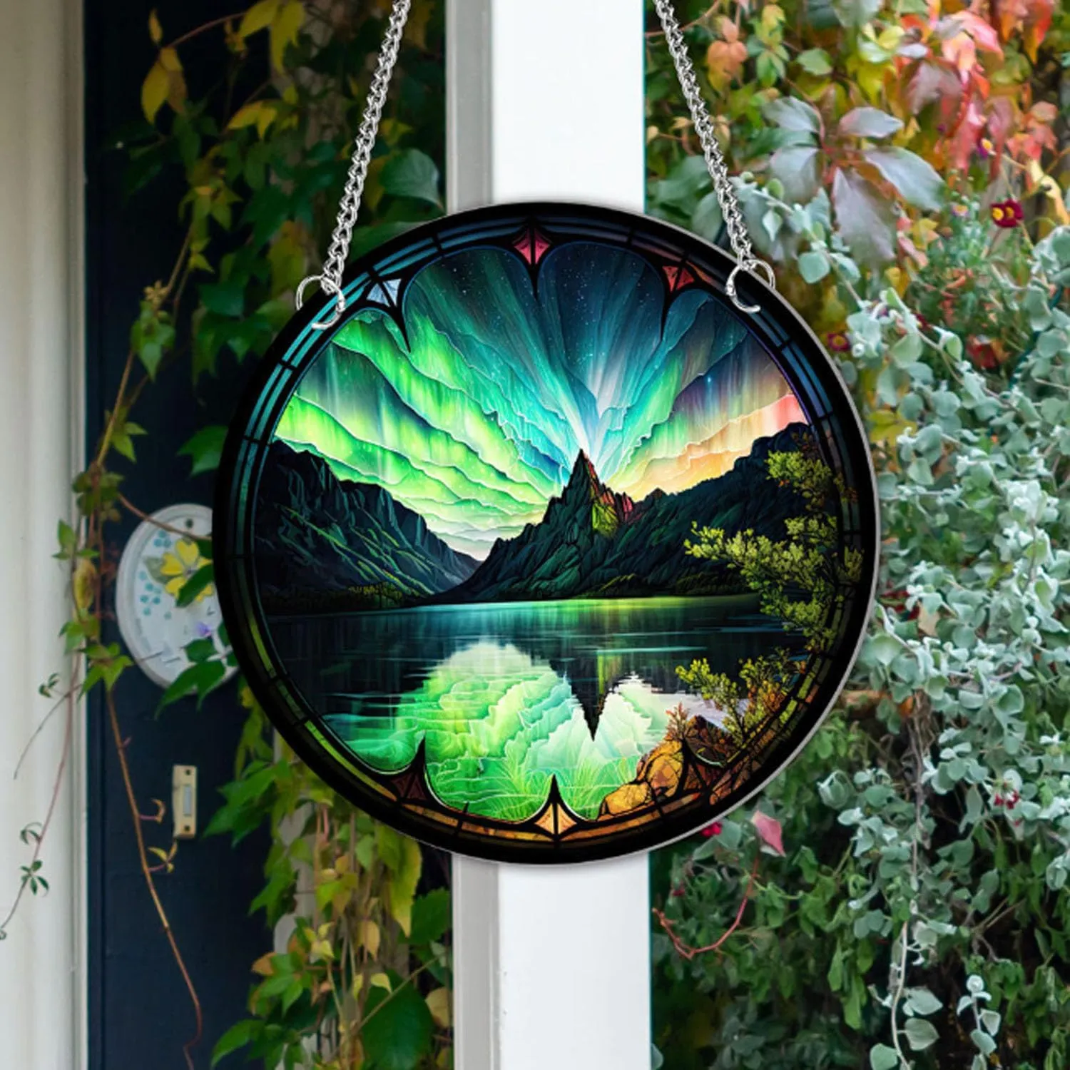 11.8" Polar Lights Stained Acrylic Window Hangings, Nature Scenery Wall Art Aurora Borealis Hangings Decor for Home, Office