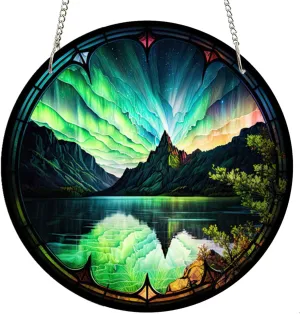 11.8" Polar Lights Stained Acrylic Window Hangings, Nature Scenery Wall Art Aurora Borealis Hangings Decor for Home, Office
