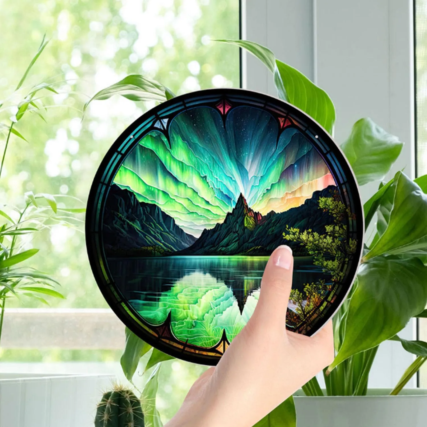 11.8" Polar Lights Stained Acrylic Window Hangings, Nature Scenery Wall Art Aurora Borealis Hangings Decor for Home, Office
