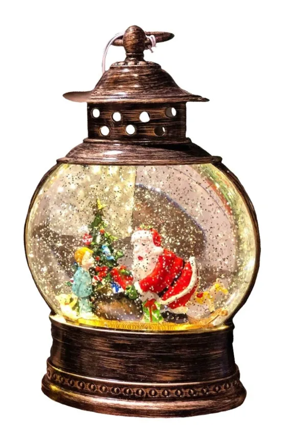 11" Battery-Operated Spinning Water Globe Lantern with Holiday Scene & Timer