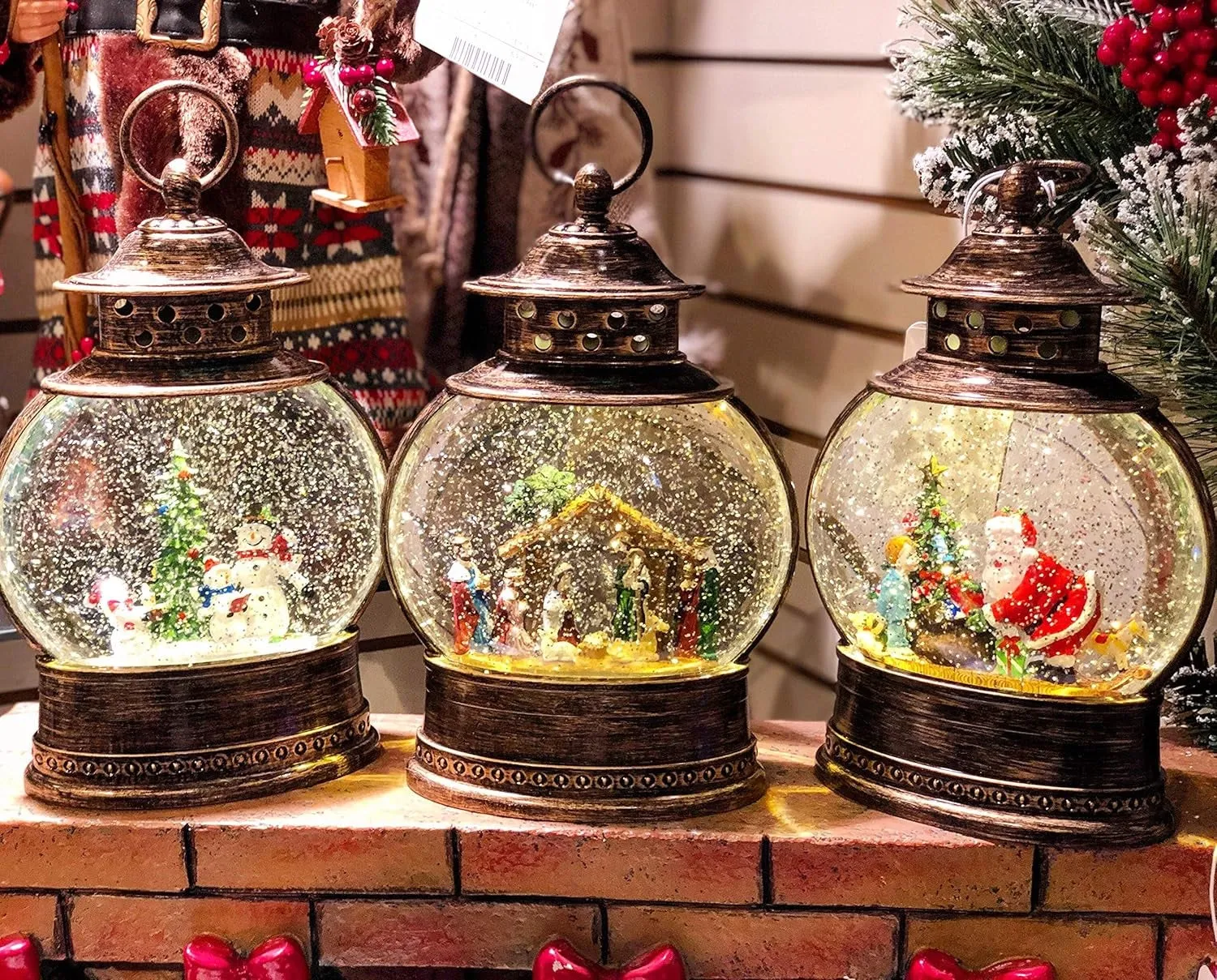 11" Battery-Operated Spinning Water Globe Lantern with Holiday Scene & Timer