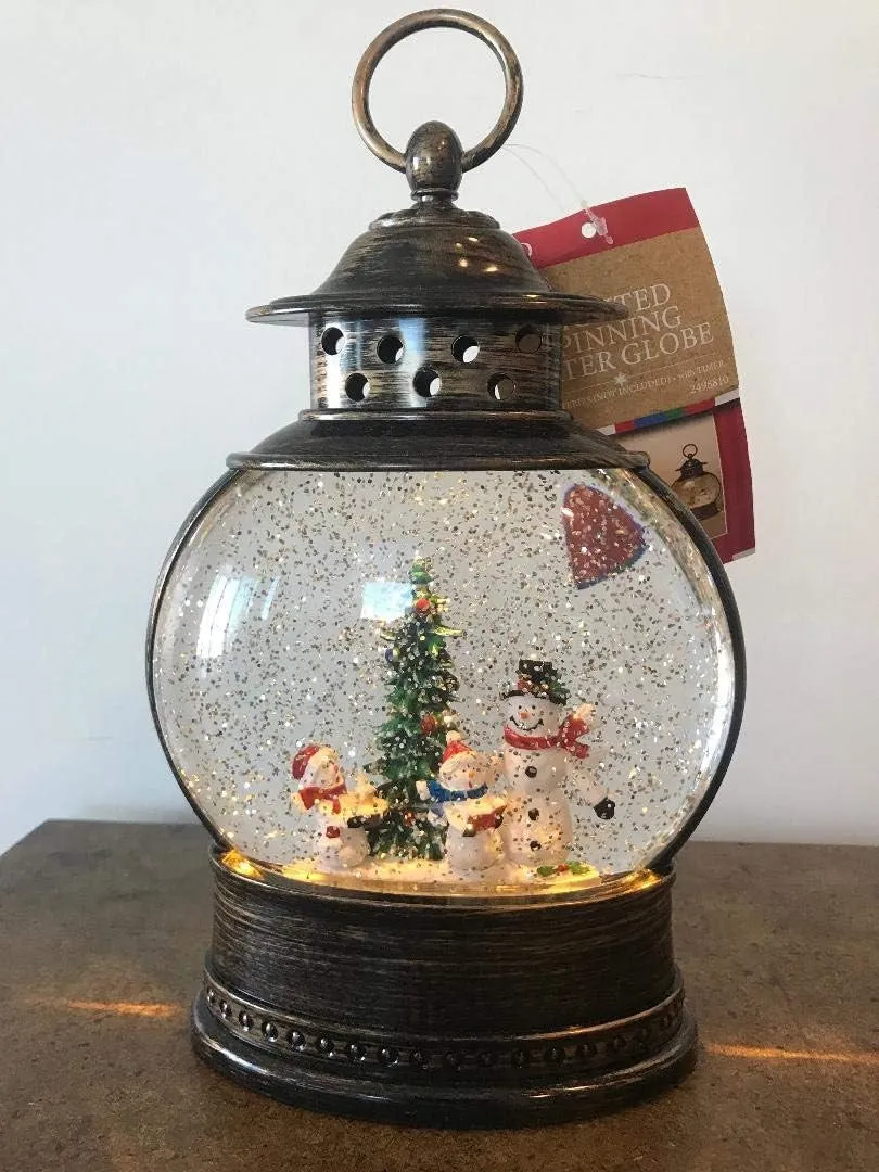 11" Battery-Operated Spinning Water Globe Lantern with Holiday Scene & Timer