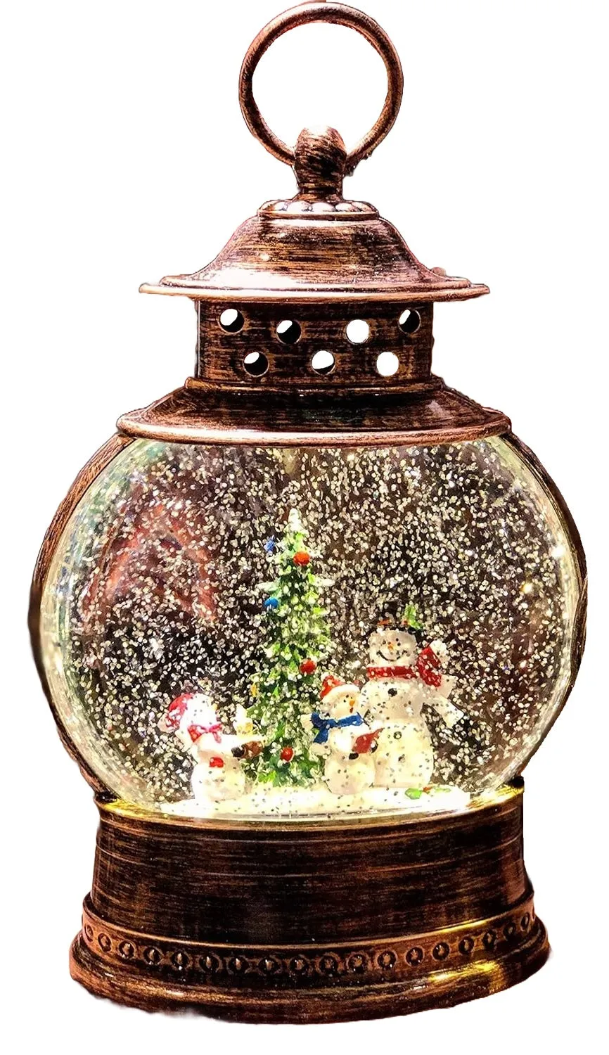11" Battery-Operated Spinning Water Globe Lantern with Holiday Scene & Timer