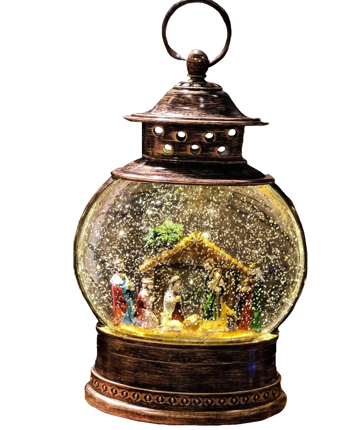 11" Battery-Operated Spinning Water Globe Lantern with Holiday Scene & Timer
