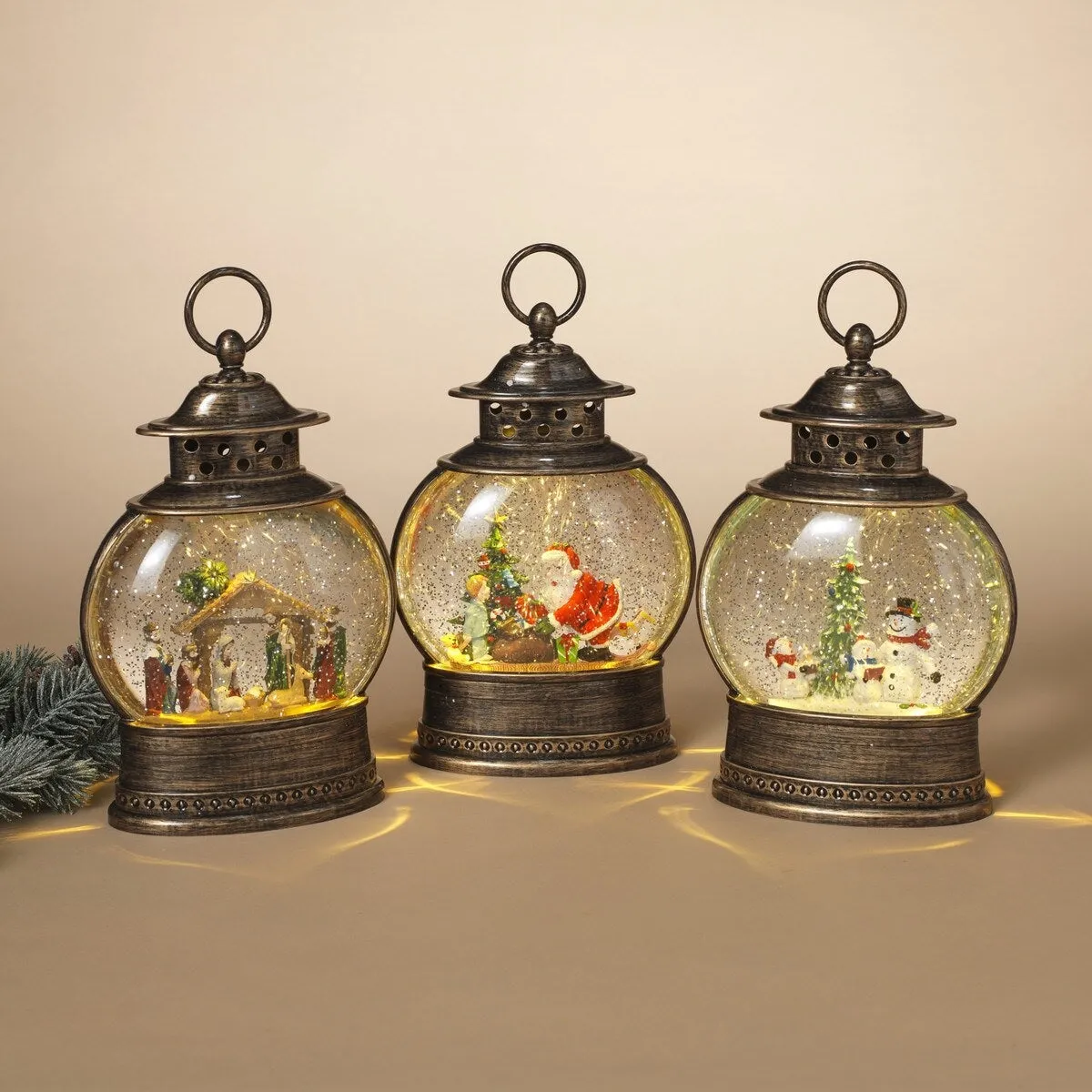 11" Battery-Operated Spinning Water Globe Lantern with Holiday Scene & Timer