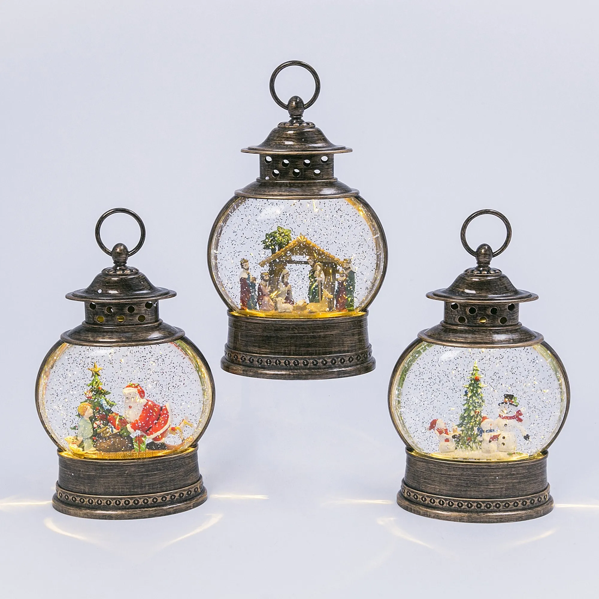 11" Battery-Operated Spinning Water Globe Lantern with Holiday Scene & Timer