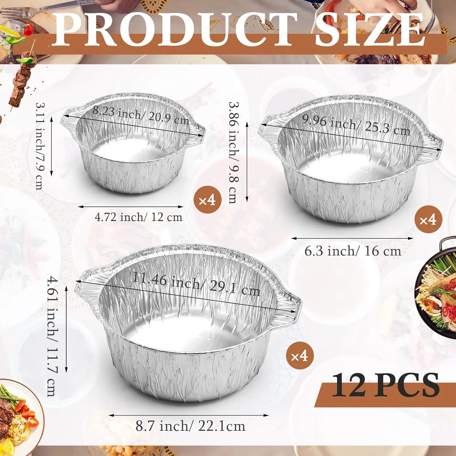 12 Pcs Disposable Aluminum Pot with Lid Round Foil Pans Disposable Cookware Food Container for Vacation Trips Camping Baking Heating Cooking (33.8 Oz,67.6 Oz,121.7 oz)