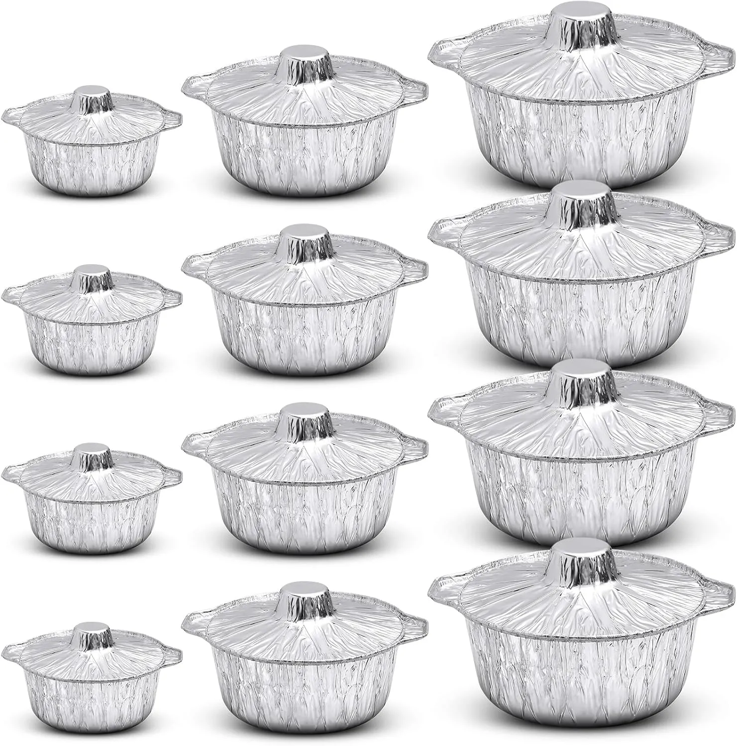 12 Pcs Disposable Aluminum Pot with Lid Round Foil Pans Disposable Cookware Food Container for Vacation Trips Camping Baking Heating Cooking (33.8 Oz,67.6 Oz,121.7 oz)