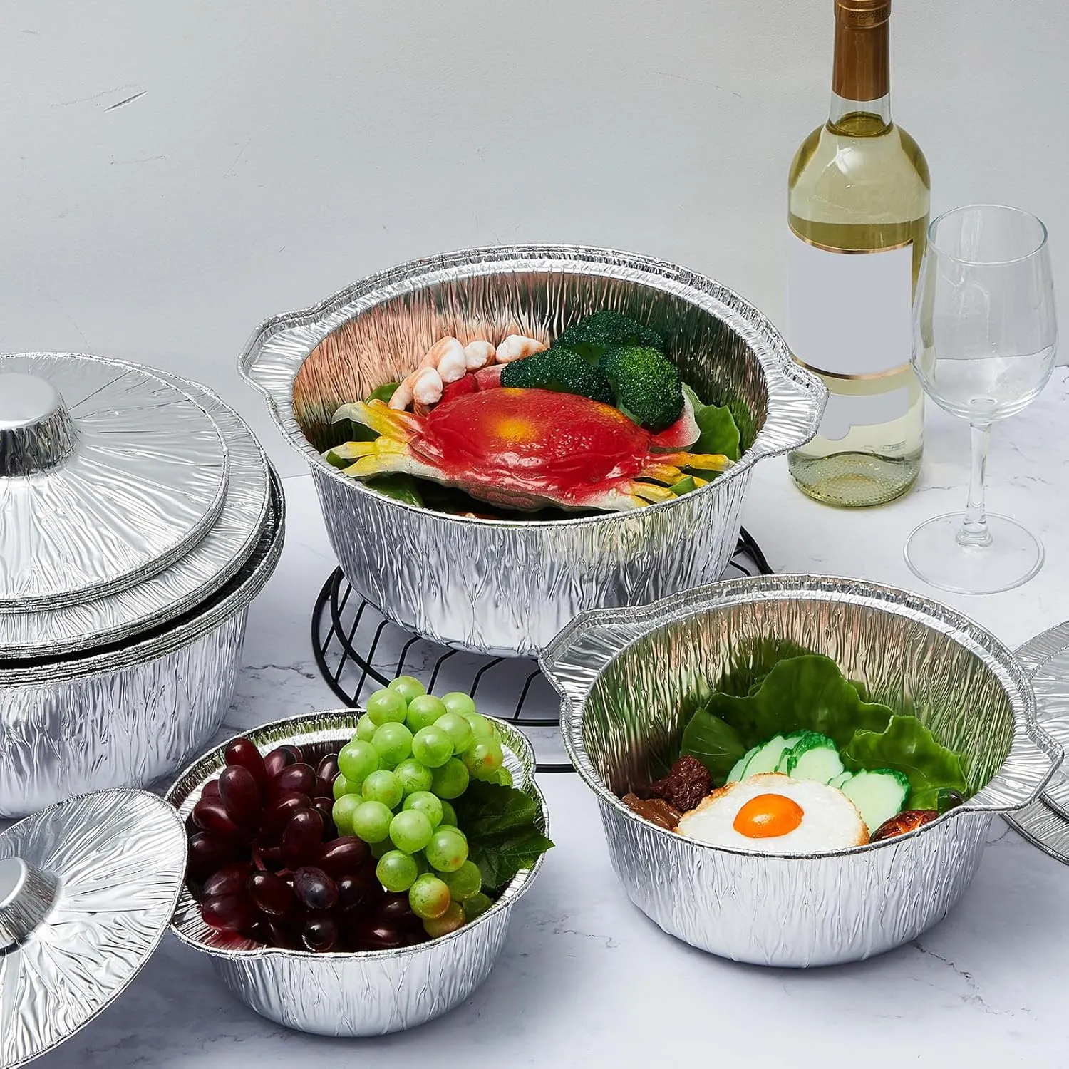 12 Pcs Disposable Aluminum Pot with Lid Round Foil Pans Disposable Cookware Food Container for Vacation Trips Camping Baking Heating Cooking (33.8 Oz,67.6 Oz,121.7 oz)