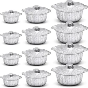 12 Pcs Disposable Aluminum Pot with Lid Round Foil Pans Disposable Cookware Food Container for Vacation Trips Camping Baking Heating Cooking (33.8 Oz,67.6 Oz,121.7 oz)