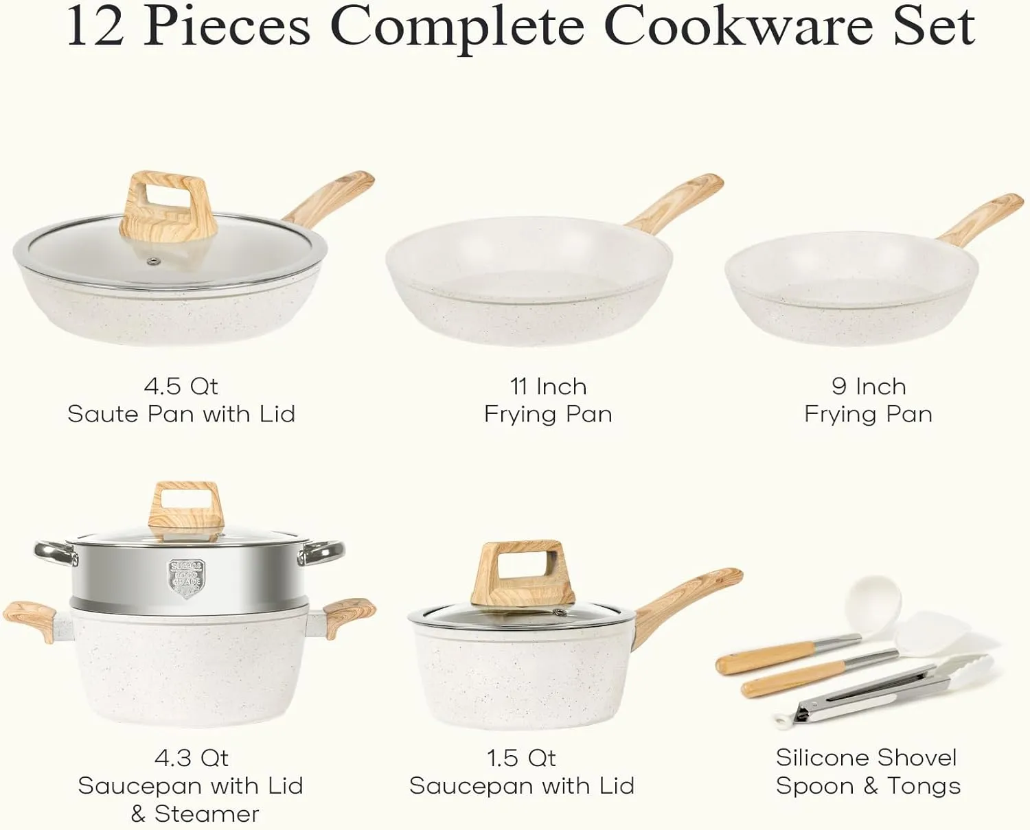 12 Pcs Pots and Pans Set, Nonstick Cookware Sets White Granite Induction Cookware, Non-toxic Healthy Non Stick Kitchen Cooking Set with Frying Pans Set, Saucepans,Steamer (PFAS, PFOA, PFOS Free)