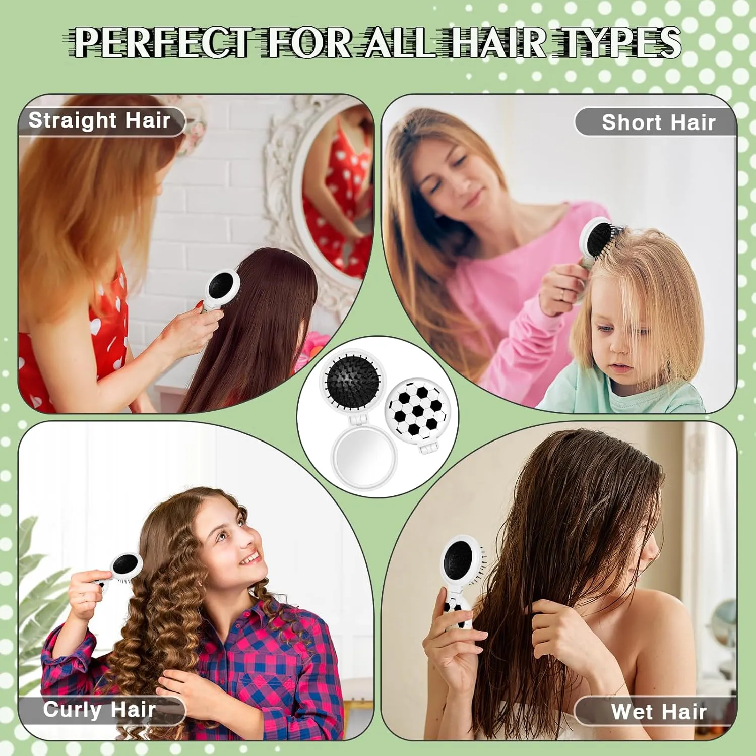 12 Pcs Soccer Mini Detangler Brush, Folding Mirror Hair Brushes, Mini Travel Hair Brush, No Tangle Soft Flexible Bristles for Straight, Curly, Thick Hair for Soccer Team Gift Sport Party
