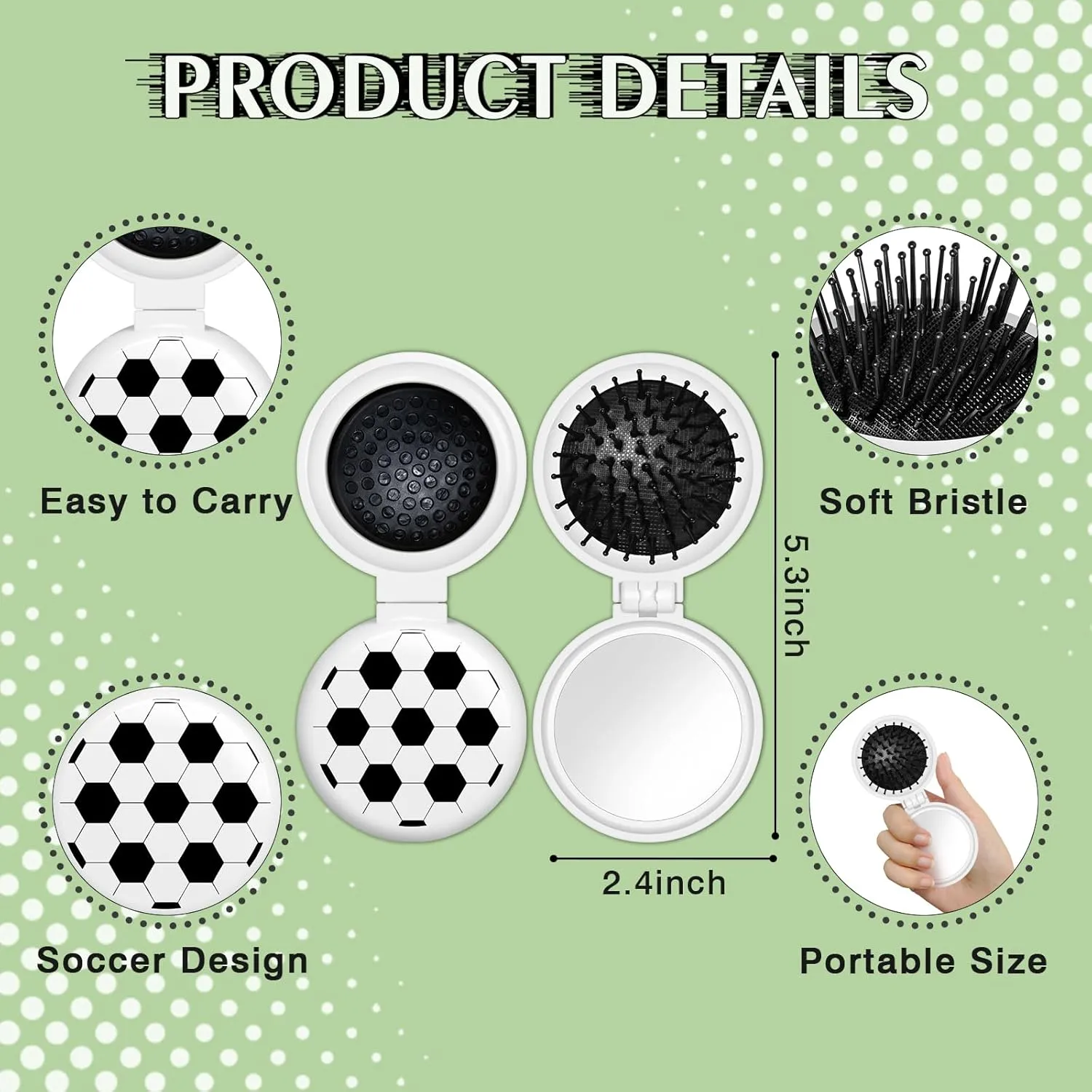 12 Pcs Soccer Mini Detangler Brush, Folding Mirror Hair Brushes, Mini Travel Hair Brush, No Tangle Soft Flexible Bristles for Straight, Curly, Thick Hair for Soccer Team Gift Sport Party