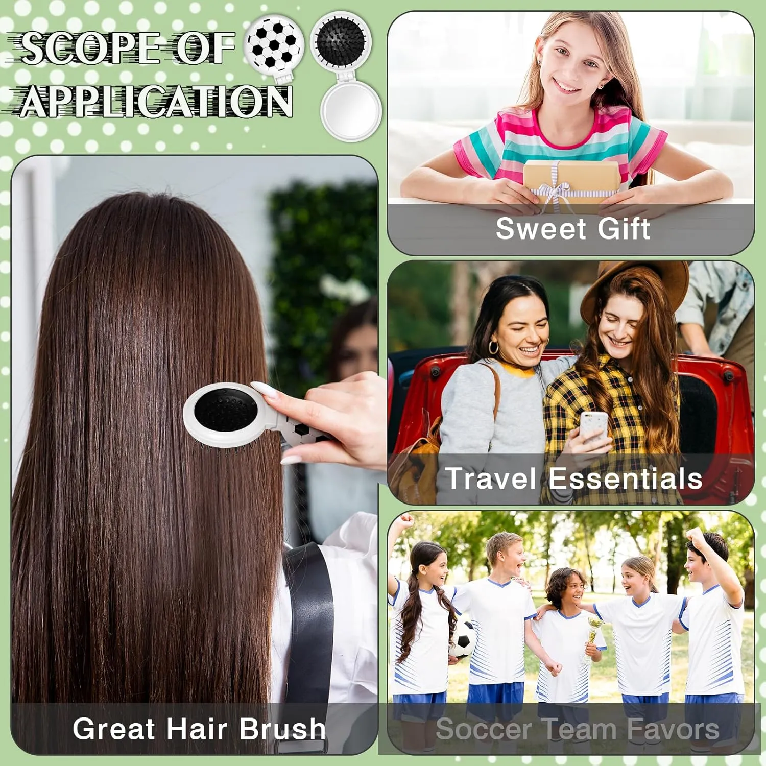 12 Pcs Soccer Mini Detangler Brush, Folding Mirror Hair Brushes, Mini Travel Hair Brush, No Tangle Soft Flexible Bristles for Straight, Curly, Thick Hair for Soccer Team Gift Sport Party