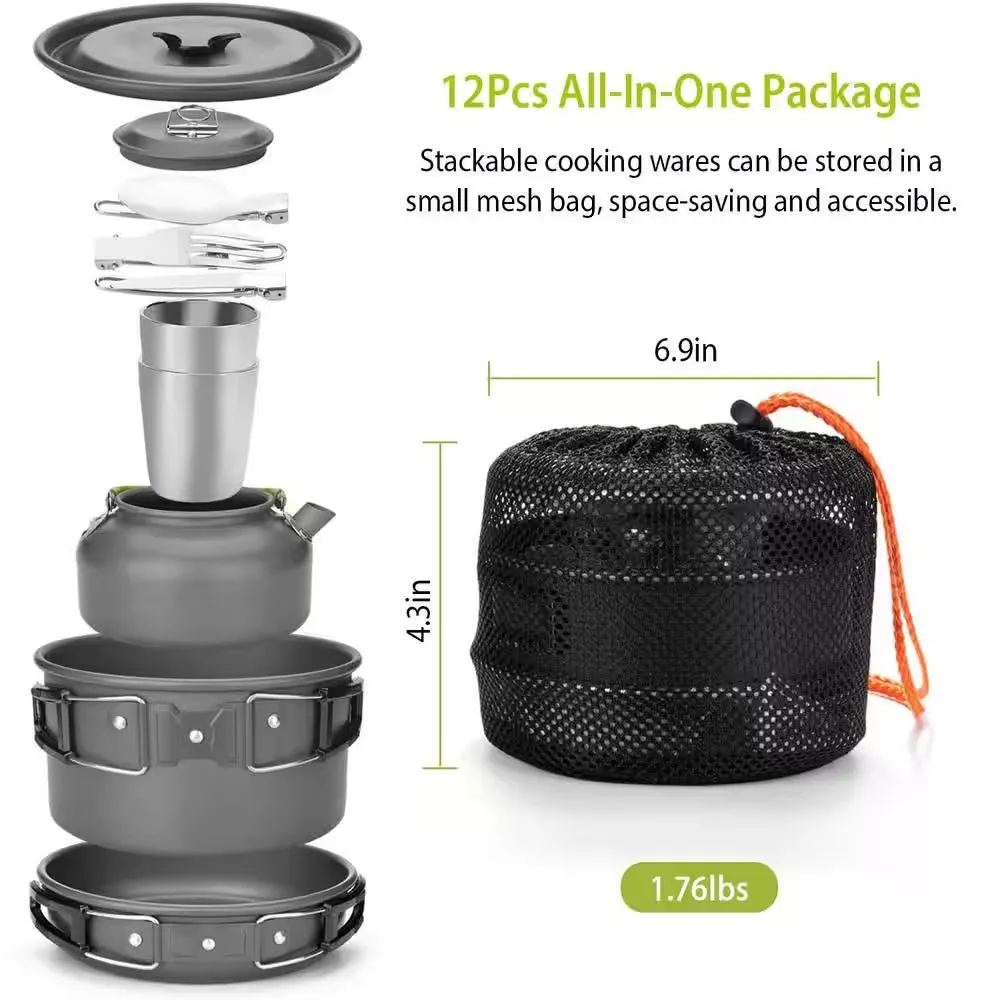 12-Piece Aluminum Camping Cookware Set with Storage Bag