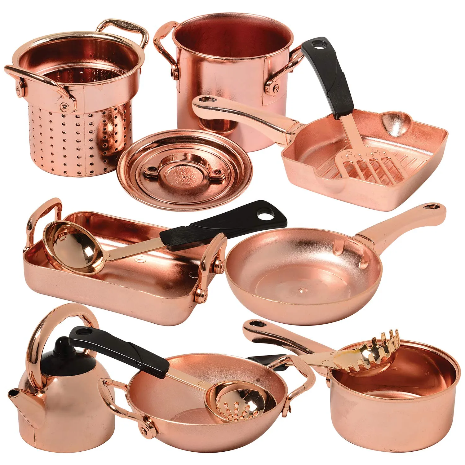 13 Piece Plastic Copper Look Cookware Set for Pretend Kitchen Play for Ages 3 Years and Up