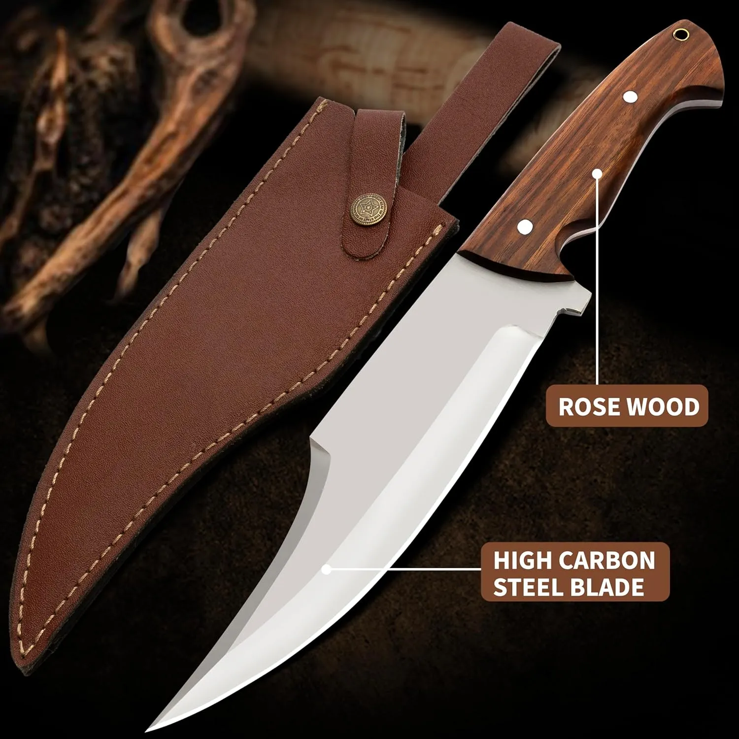 13.5-inch Bowie Knife - Fixed Blade Knife with Leather Sheath - Survival, Hunting, Camping & Bushcraft - Alloy Steel, Rosewood - Unisex Adults