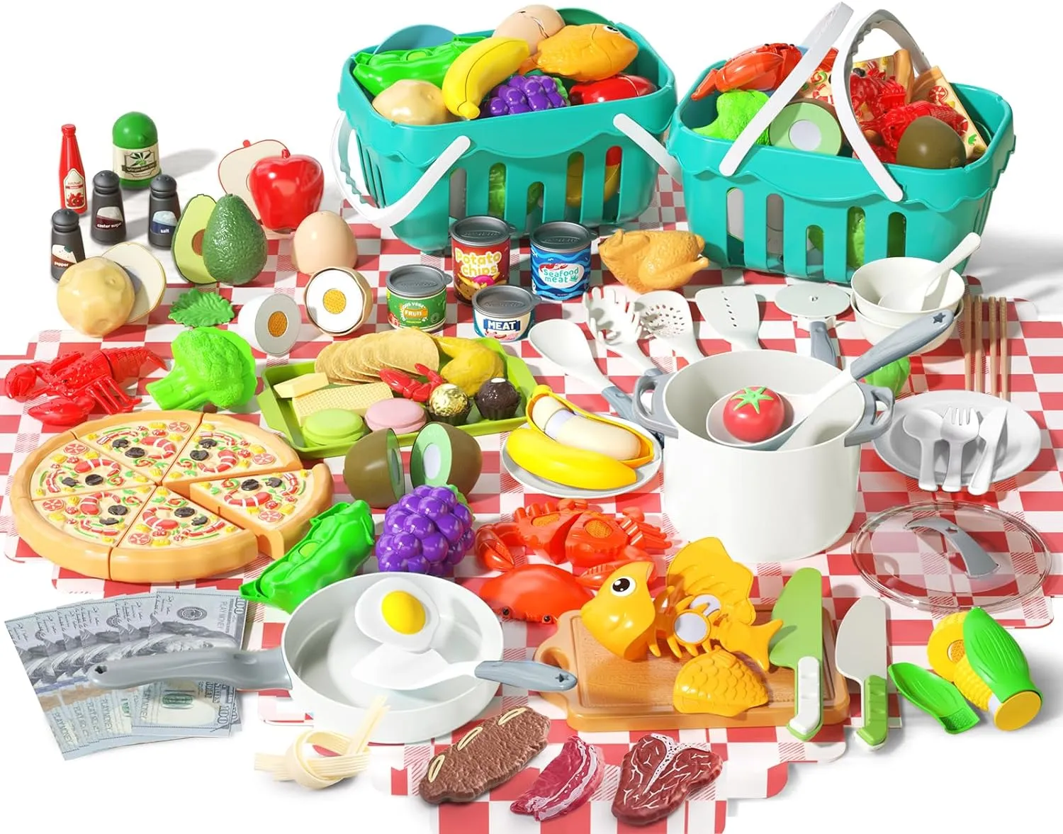 150Pcs Kitchen Playset, Toddlers Pretend Cooking Cookware Accessories, Food, Picnic Blanket, Fruits, Veges, 2Pack Shopping Storage Basket, Dessert and Prop Money, Gift for Kids (White)