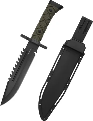 15" Fixed Blade Tactical Knives with Sheath, Stainless Steel Survival Hunting Bushcraft Full Tang Non-Slip Handle Knife with Serrated Blade Back for Camping Adventure EDC