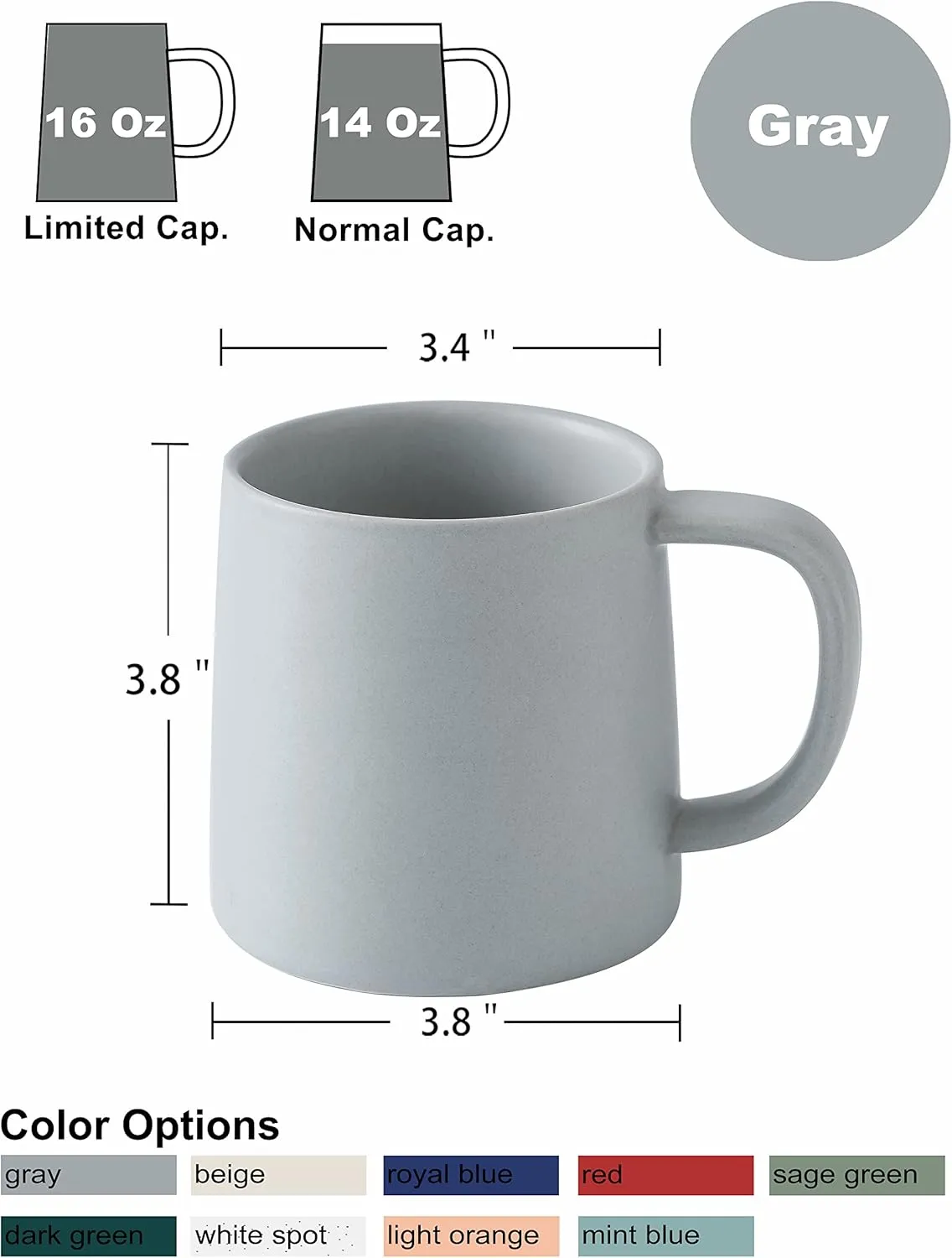 16 Oz Coffee Mugs, Matte Light Grey Mug Set of 4, Ceramic Mugs Coffee, Solid Color Coffee Cups Ceramic