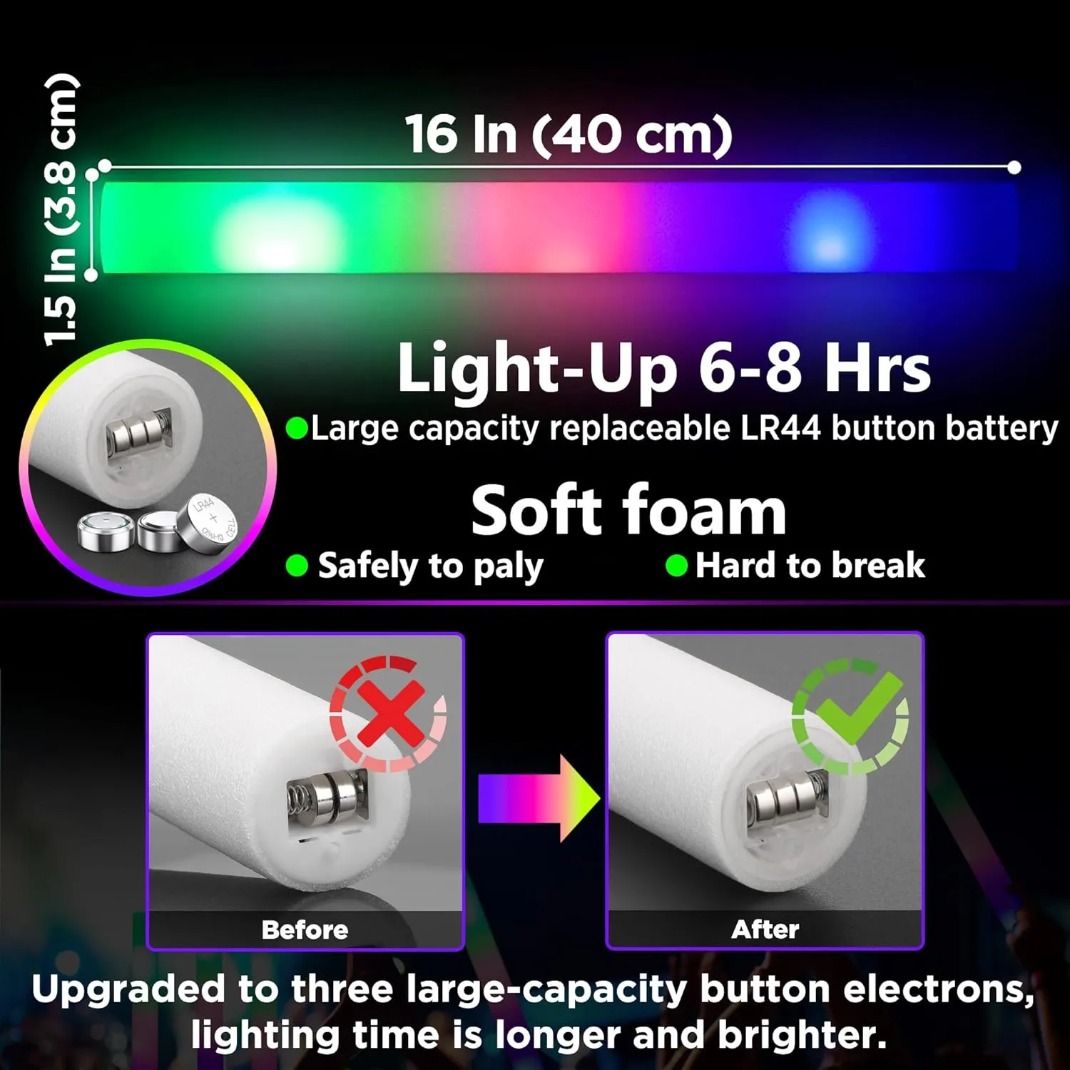 16Pcs 16 Inch Giant Party Foam Glow Sticks, Led Light Up Wedding Glow Sticks Bulk, 3 Colorful Flashing, Work 8hrs, Glow In The Dark Party Supplies Favors For Wedding/Birthday/Concert/DJ