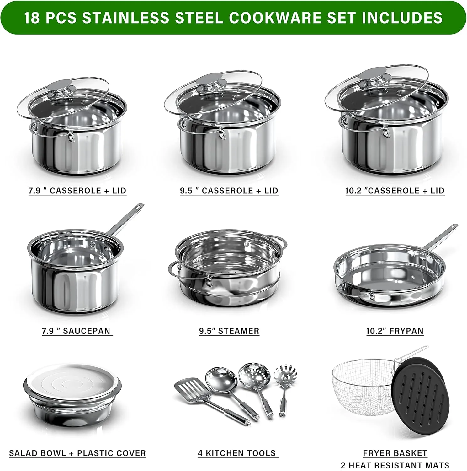 18-Piece Stainless Steel Kitchen Cookware Set, Including Saucepan, Casseroles with Tempered Glass Lid, Frypan, Steamer, Salad Bowl with Cover, Fryer Basket, Heat Resistant Mat & Utensils Set, Silver