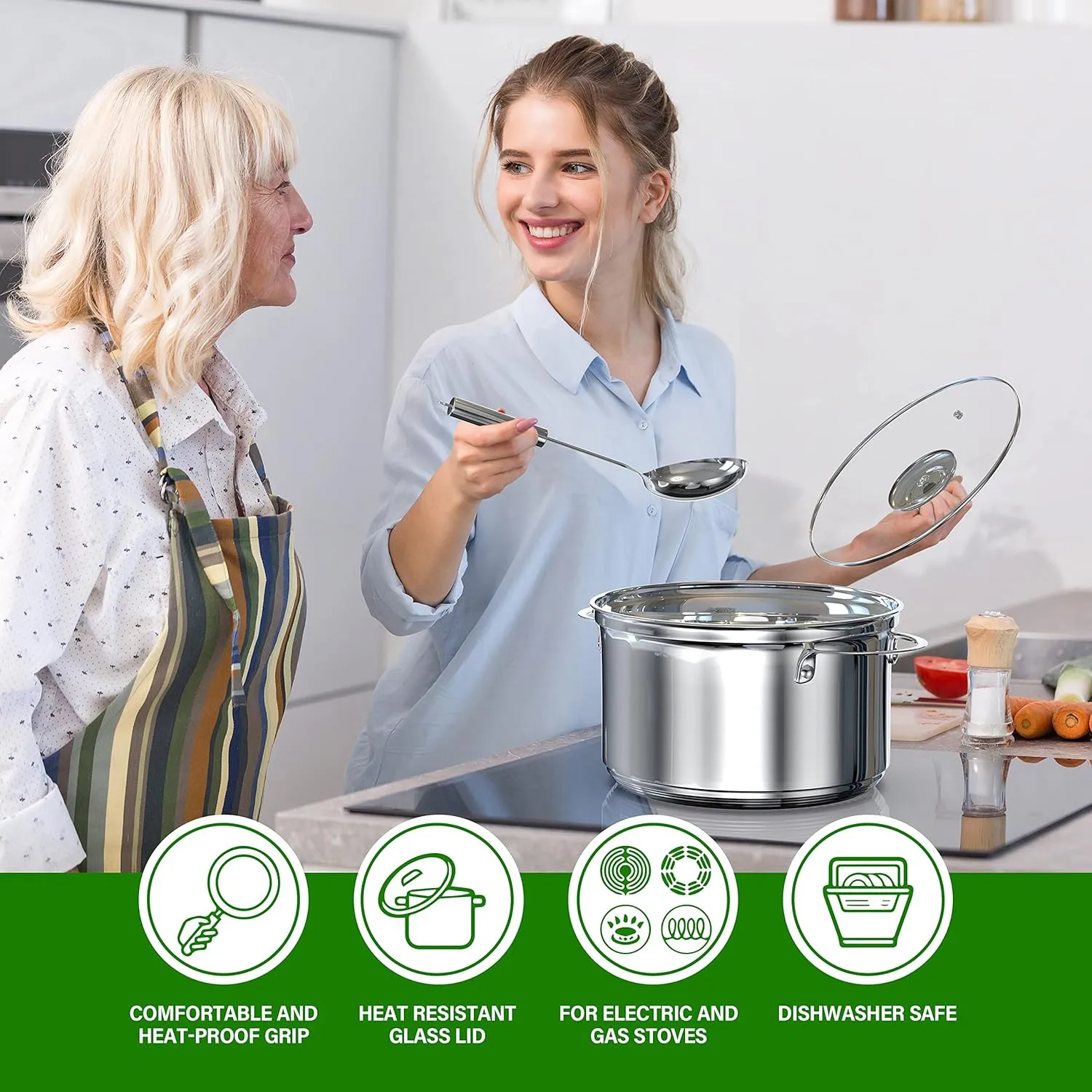 18-Piece Stainless Steel Kitchen Cookware Set, Including Saucepan, Casseroles with Tempered Glass Lid, Frypan, Steamer, Salad Bowl with Cover, Fryer Basket, Heat Resistant Mat & Utensils Set, Silver