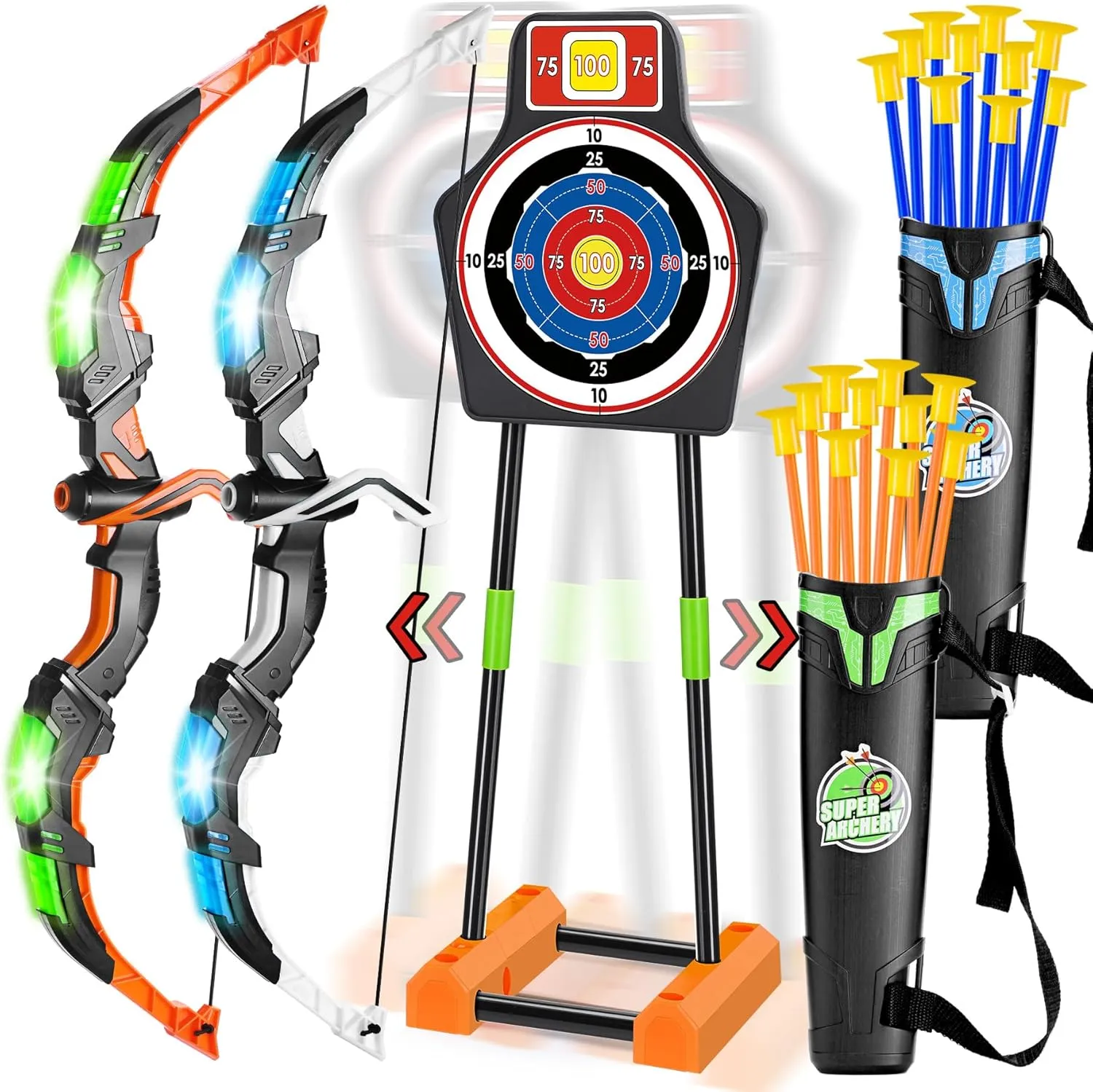 2 Pack Bow and Arrow Set with Moving Standing Target& 2 Colors 20 Suction Cup Arrows, Light Up Archery Toys for Kids Age 4-12 Years Old Boys Girls Indoor and Outdoor, Birthday Gifts Christmas Ideas