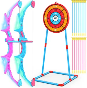 2 Pack of Kids Bow and Arrow Set, Light Up Archery Toy Set with 14 Suction Cup Arrows & Standing Target, Perfect Kids Indoor and Outdoor Toys for 4 5 6 7 8 9 10 Year Girls Boys Birthday Gifts Ideas
