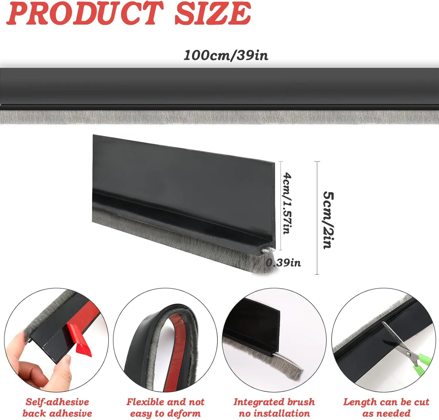 2 Pcs Door Sweep for Bottom of Door ,Integrated under Door Draft Stopper with Brush ,Weather Stripping with Self Adhesive,Under Door Seal for Protection Against Dust,Cold,Heat,Noise 39.37"L/2"W(Black)