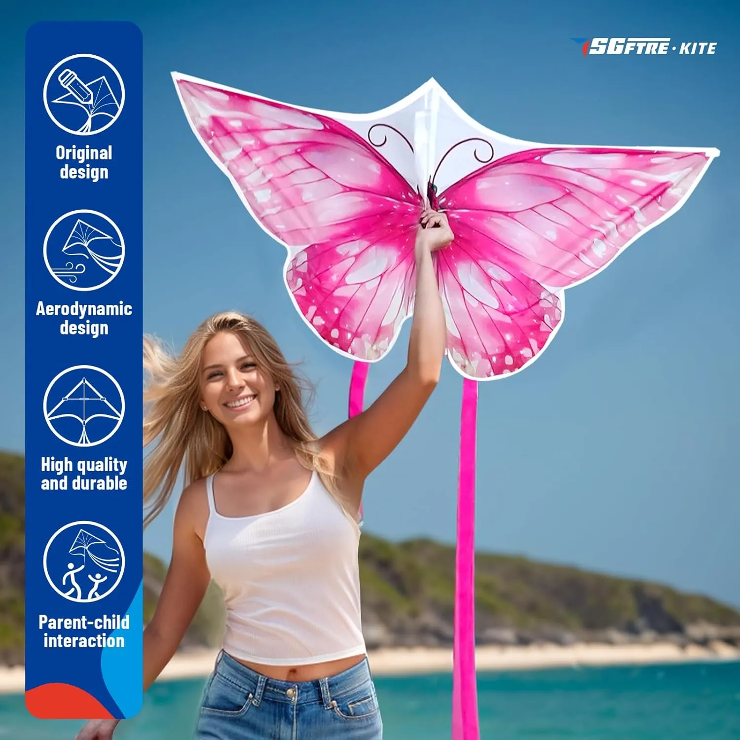 2 Piece Set Butterfly Kites for Kids and Adults，Easy to Fly Outdoor Toy for Boys and Girls, for Children, Ideal for Beach and Outdoor Activities (Pink  Blue Dreamy Butterfly, 2)