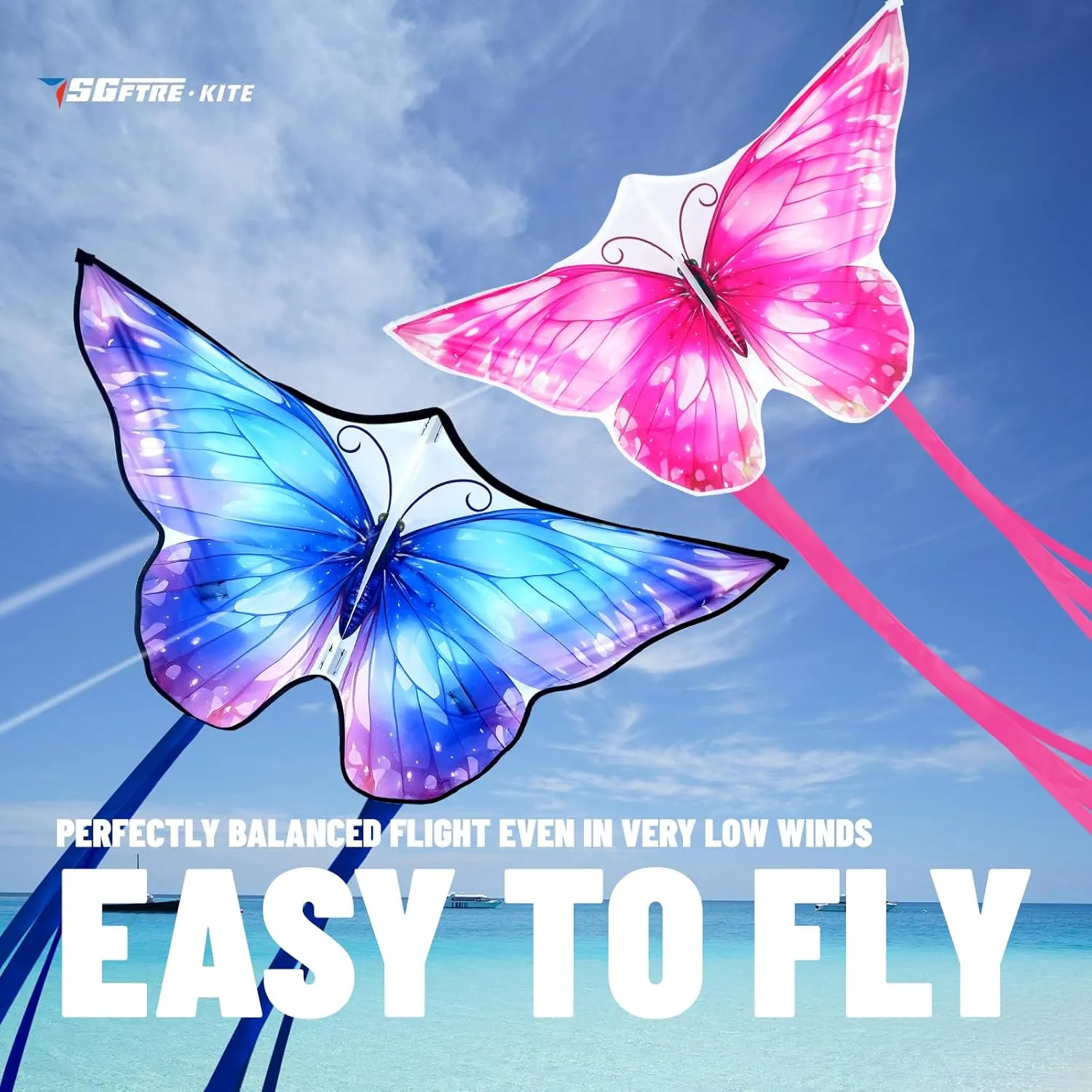 2 Piece Set Butterfly Kites for Kids and Adults，Easy to Fly Outdoor Toy for Boys and Girls, for Children, Ideal for Beach and Outdoor Activities (Pink  Blue Dreamy Butterfly, 2)