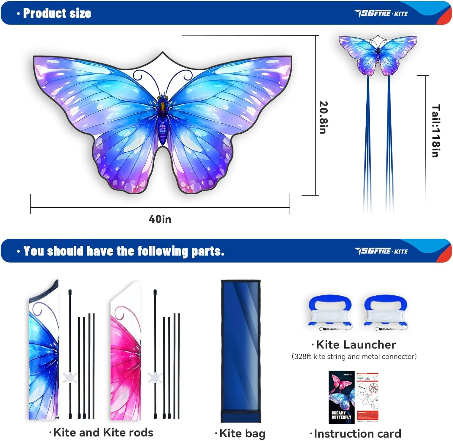 2 Piece Set Butterfly Kites for Kids and Adults，Easy to Fly Outdoor Toy for Boys and Girls, for Children, Ideal for Beach and Outdoor Activities (Pink  Blue Dreamy Butterfly, 2)