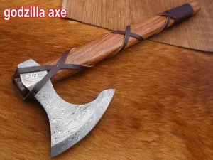 20 Inches Long Damascus Steel Tomahawk Axe, Rose Wood with Wrapped Leather Handle Bearded Hiking Axe, Hand Forged Damascus Steel Camping Axe, Thick Cow Hide Leather Sheath