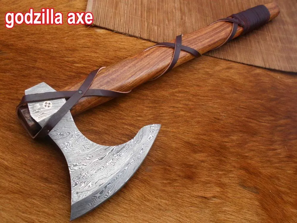 20 Inches Long Damascus Steel Tomahawk Axe, Rose Wood with Wrapped Leather Handle Bearded Hiking Axe, Hand Forged Damascus Steel Camping Axe, Thick Cow Hide Leather Sheath