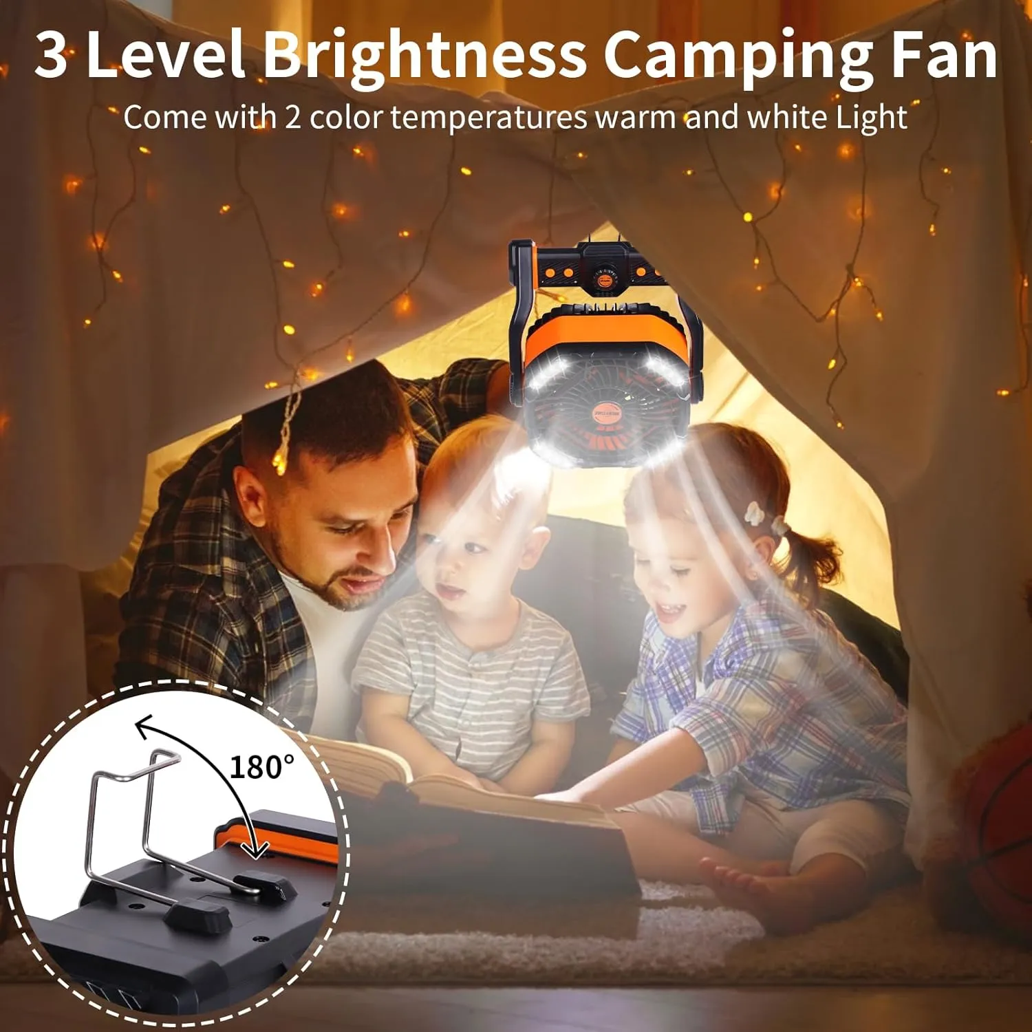 20000mAh Battery powered fan Camping Fan essentials Portable fan Battery OperatedRechargeable Outdoor Tent with Light & Hook Personal USB Desk for Camping,Orange