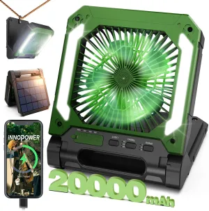 20000mAh Portable Fan Rechargeable with Solar Panel 2-in-1, 3 Speeds Cordless Battery Powered Fan with Led Lantern,Timer, Quiet USB-C Table Fan for Travel Tent Hurricane Office Home Bedroom(Green)