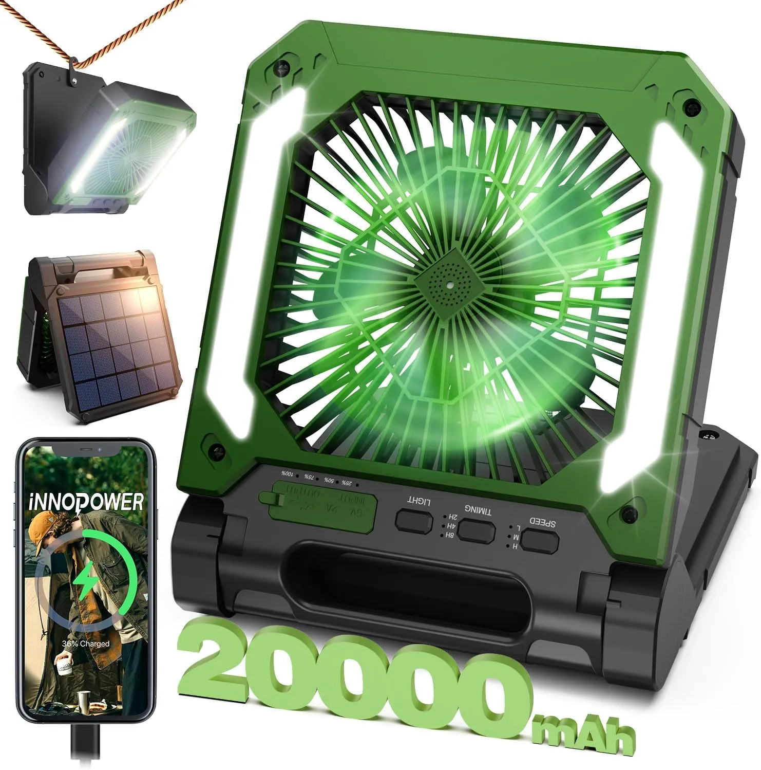 20000mAh Portable Fan Rechargeable with Solar Panel 2-in-1, 3 Speeds Cordless Battery Powered Fan with Led Lantern,Timer, Quiet USB-C Table Fan for Travel Tent Hurricane Office Home Bedroom(Green)