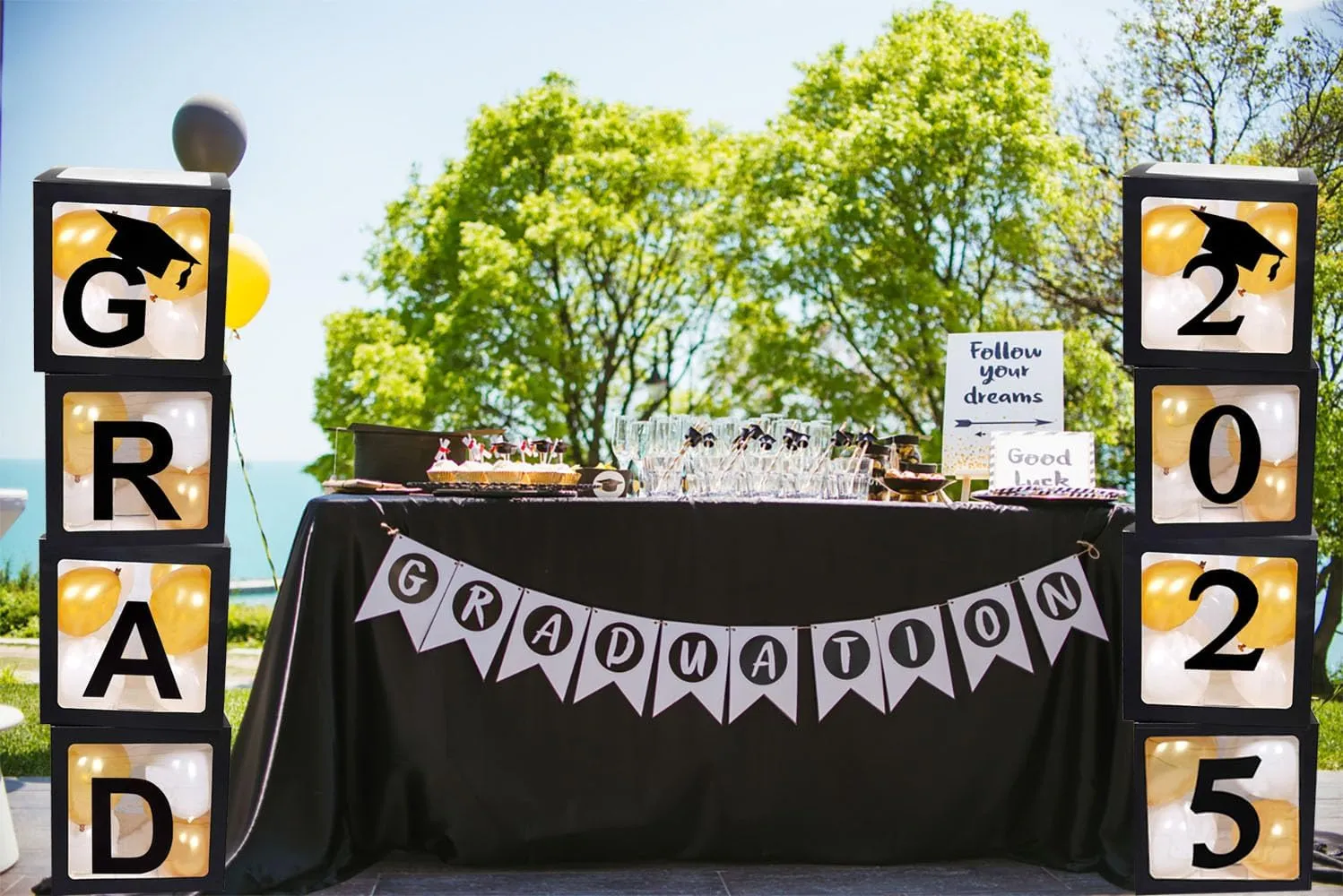 2025 Graduation Decorations - 4 Pieces Black Balloon Boxes With GRAD Letters for Class of 2025 School Grad Party Supplies