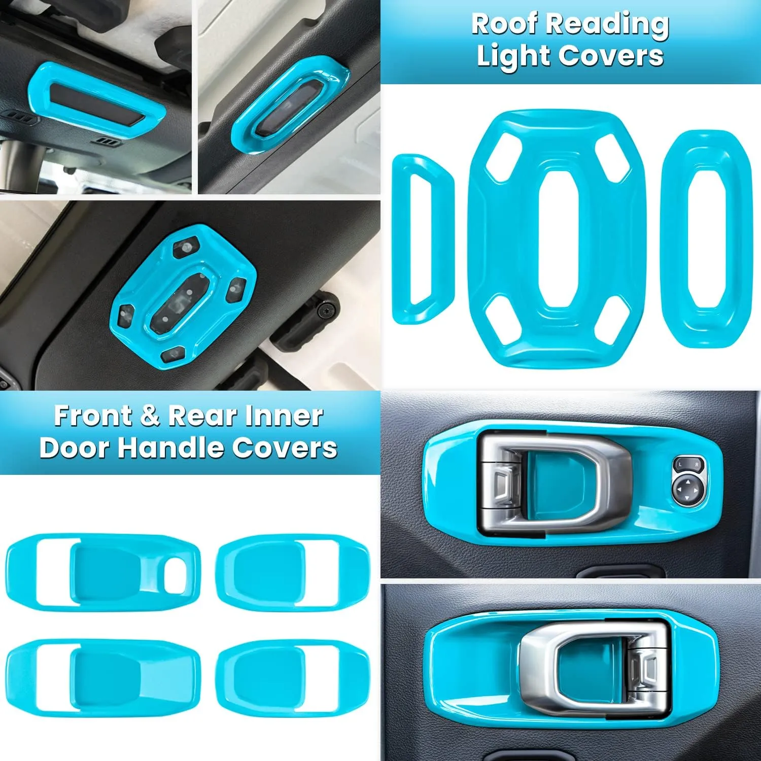 23PCS Full Set Interior Decoration Trim Kit for Jeep Wrangler JL JLU Gladiator JT 2018-2023 Steering Wheel Door Handle Air Conditioning Vent Cup Holder Reading Light Headlight Gear Cover (Light Blue)