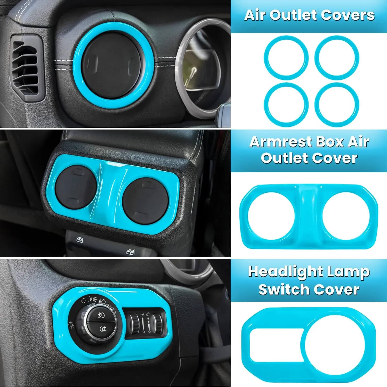 23PCS Full Set Interior Decoration Trim Kit for Jeep Wrangler JL JLU Gladiator JT 2018-2023 Steering Wheel Door Handle Air Conditioning Vent Cup Holder Reading Light Headlight Gear Cover (Light Blue)