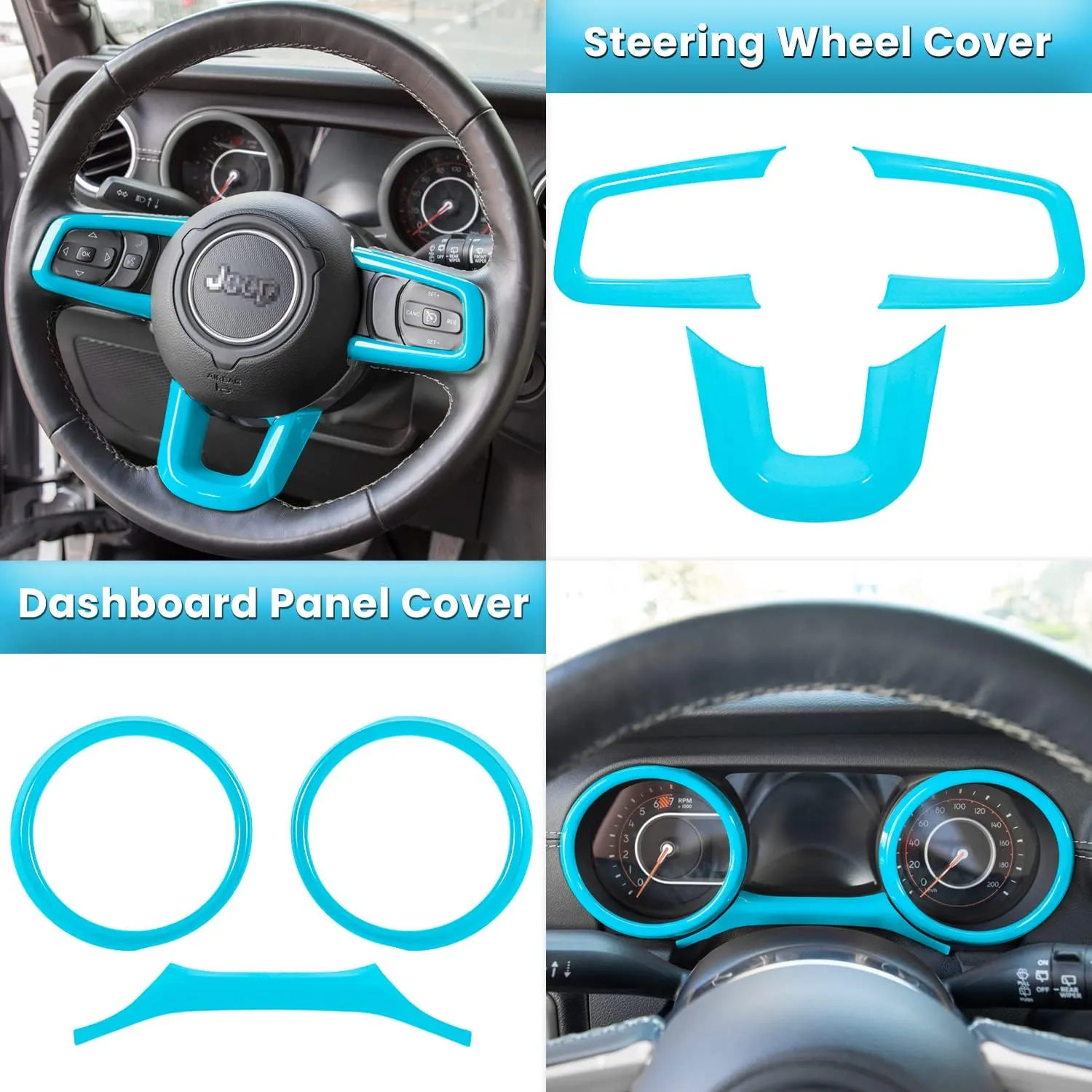 23PCS Full Set Interior Decoration Trim Kit for Jeep Wrangler JL JLU Gladiator JT 2018-2023 Steering Wheel Door Handle Air Conditioning Vent Cup Holder Reading Light Headlight Gear Cover (Light Blue)