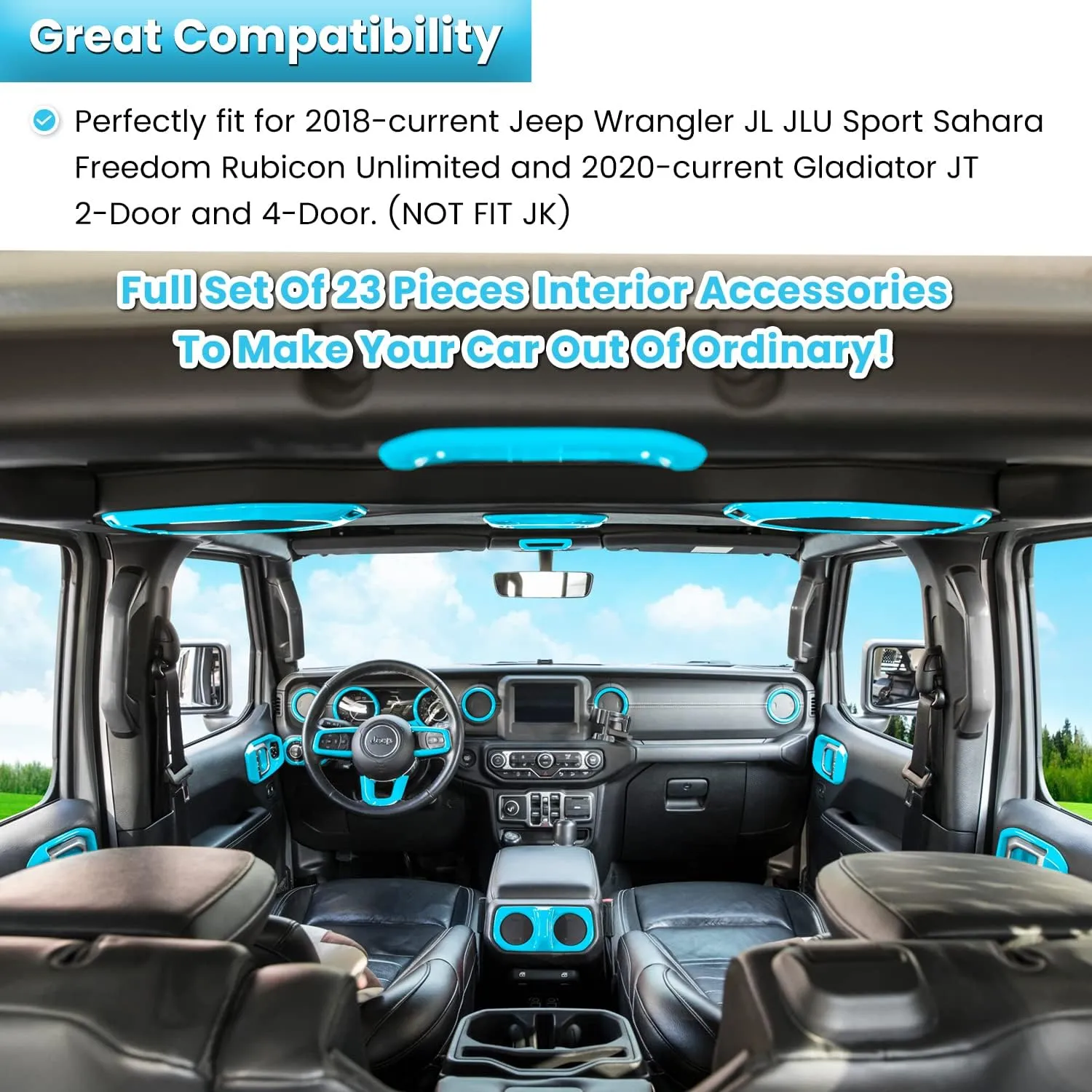 23PCS Full Set Interior Decoration Trim Kit for Jeep Wrangler JL JLU Gladiator JT 2018-2023 Steering Wheel Door Handle Air Conditioning Vent Cup Holder Reading Light Headlight Gear Cover (Light Blue)