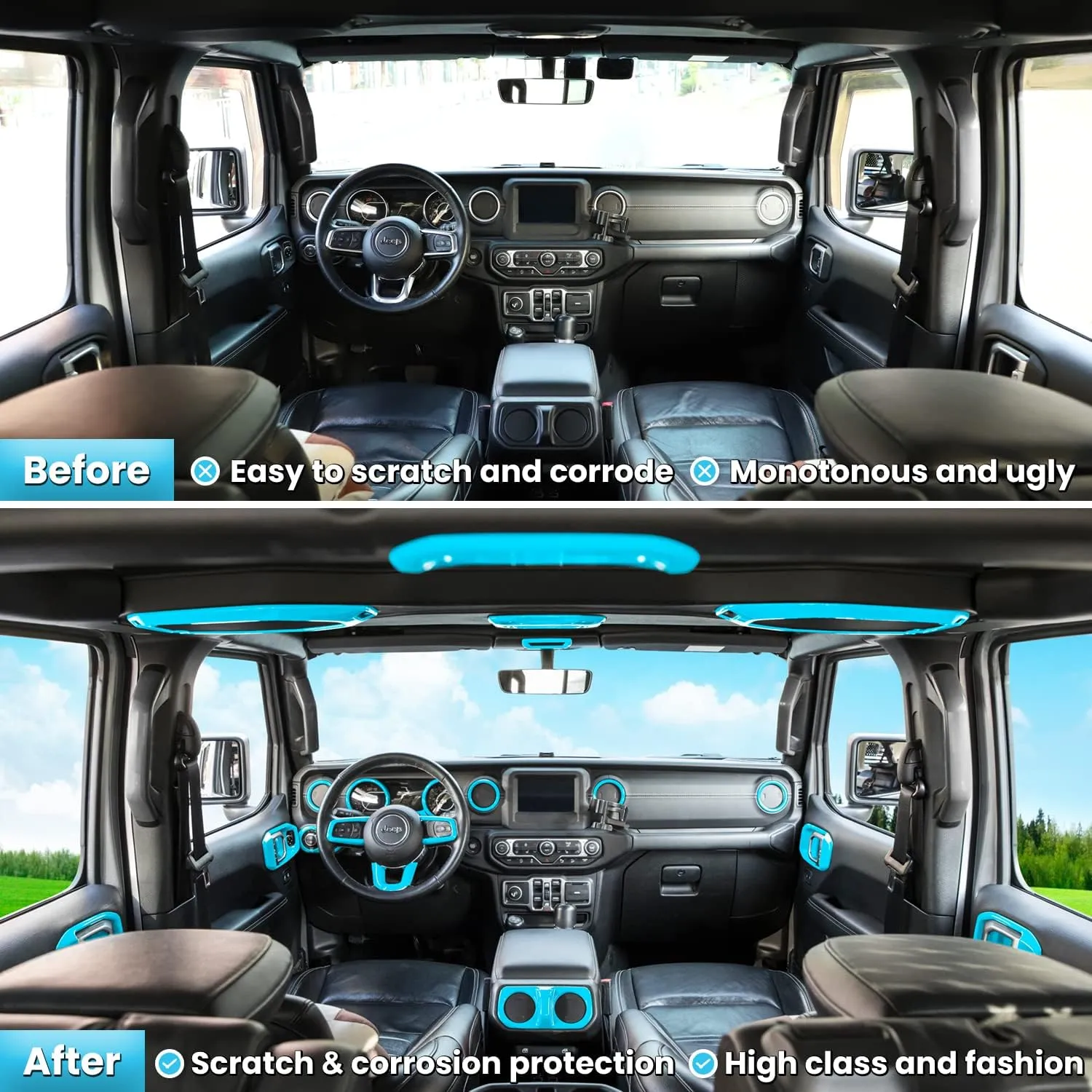 23PCS Full Set Interior Decoration Trim Kit for Jeep Wrangler JL JLU Gladiator JT 2018-2023 Steering Wheel Door Handle Air Conditioning Vent Cup Holder Reading Light Headlight Gear Cover (Light Blue)