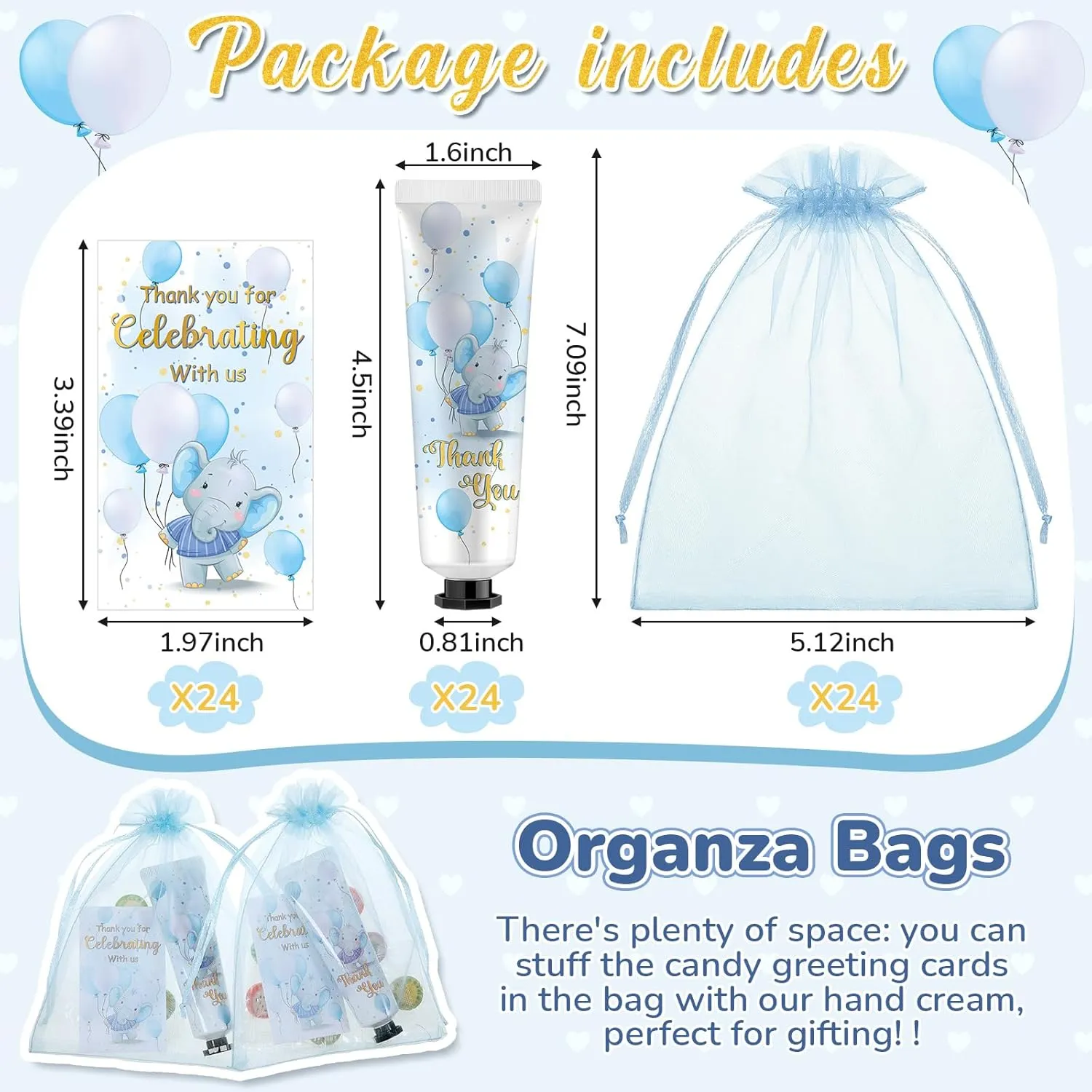 24 Sets Baby Shower Hand Cream Bulk Blue Elephant Shower Favors Bridal Thank You Appreciation Hand Cream for Guests Travel Size Lotion with Organza Bags