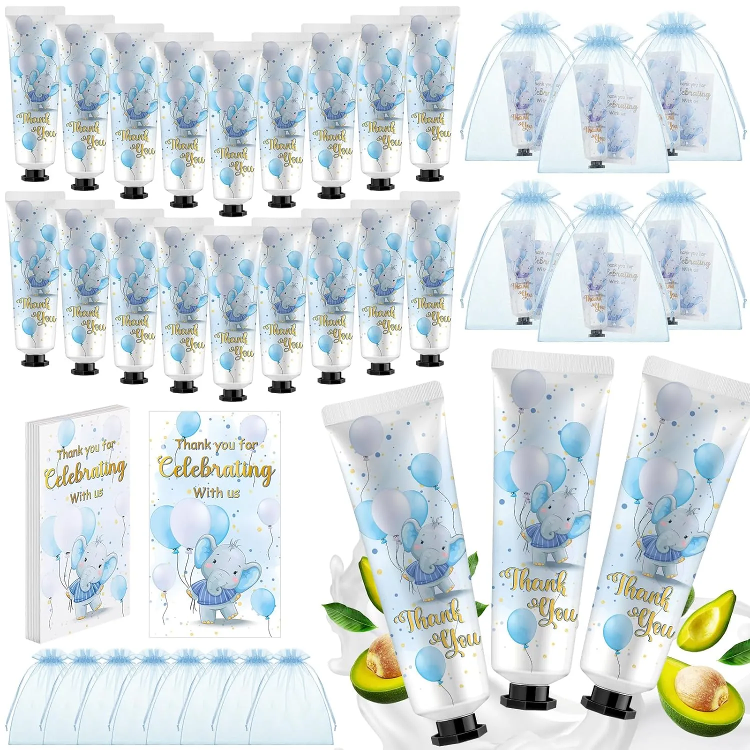 24 Sets Baby Shower Hand Cream Bulk Blue Elephant Shower Favors Bridal Thank You Appreciation Hand Cream for Guests Travel Size Lotion with Organza Bags